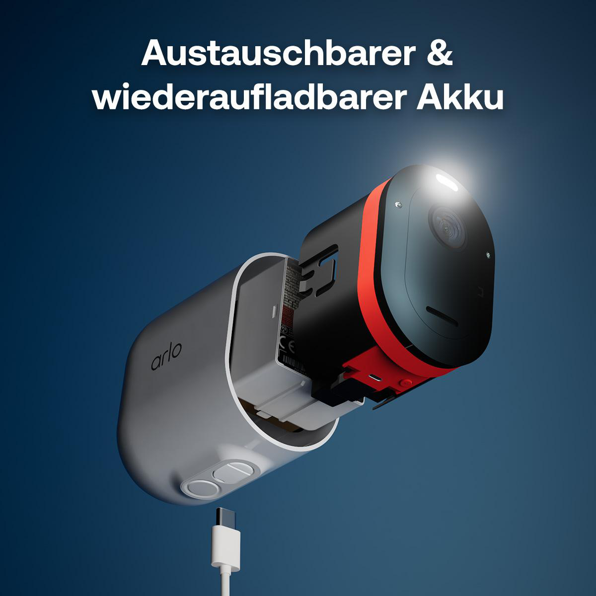 Austauschbarer Akku einer Arlo-Kamera wird aus dem Gehäuse entnommen.