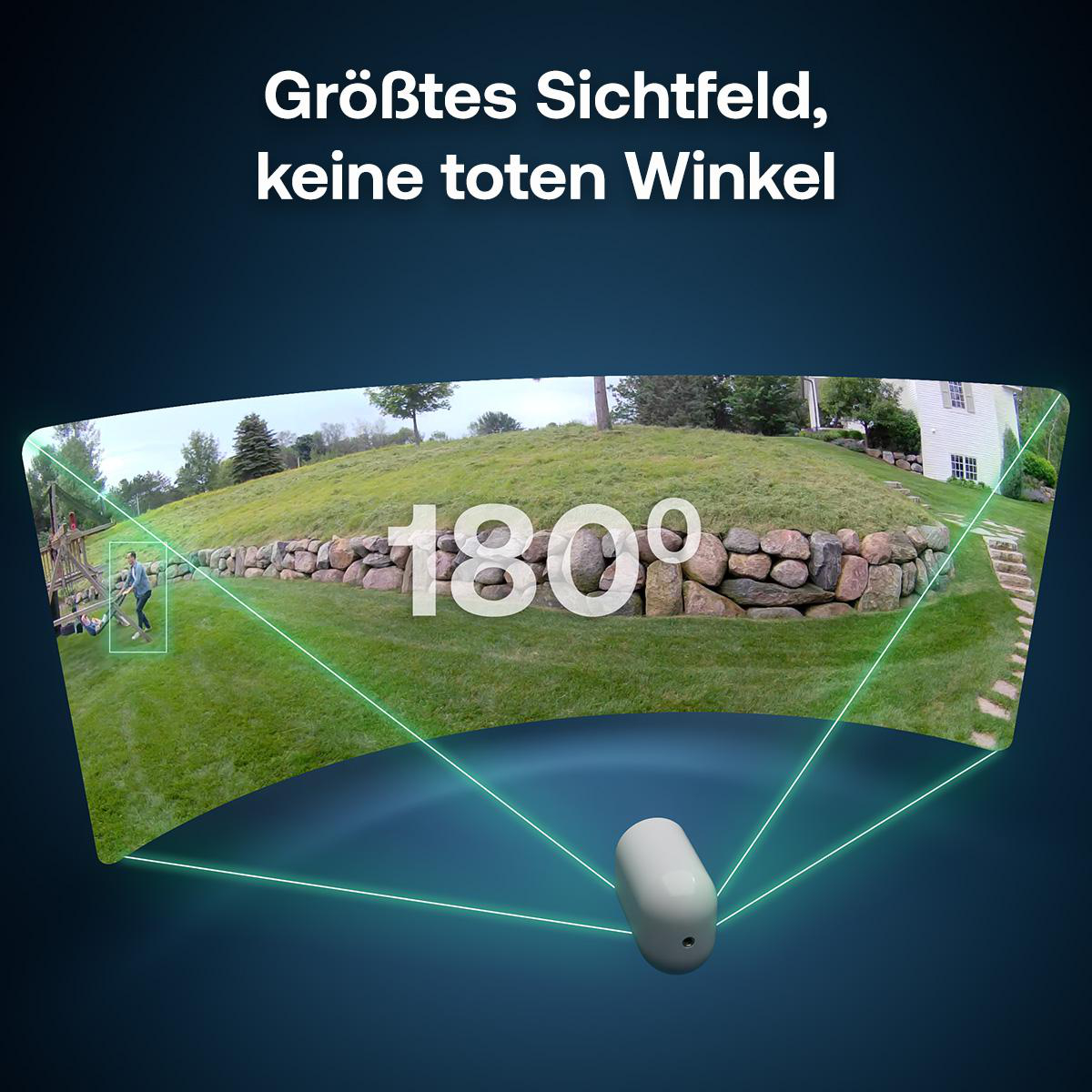Eine weiße Überwachungskamera zeigt ein 180-Grad-Sichtfeld eines Gartens mit Spielgerüst.