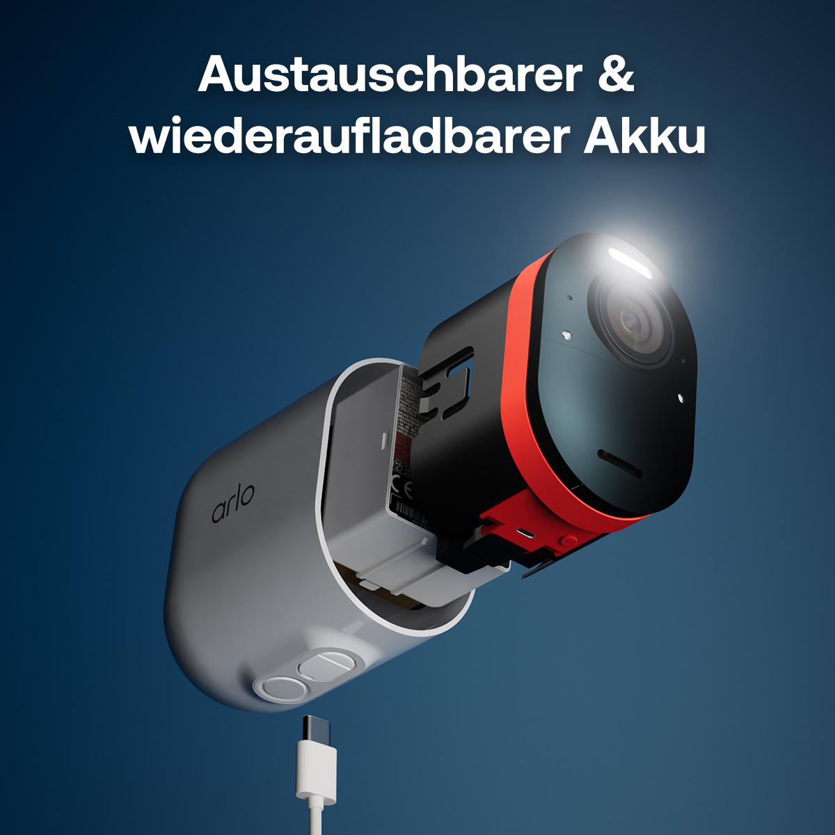Arlo Kamera mit herausnehmbarem Akku und USB-C-Anschluss