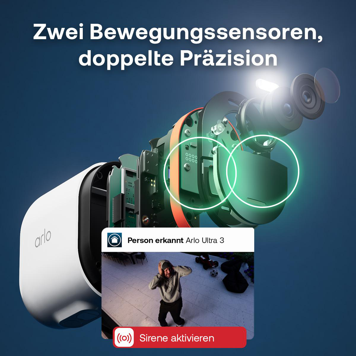 Arlo Ultra 3 Sicherheitskamera mit Einblick in die Technik und Personenerkennung.