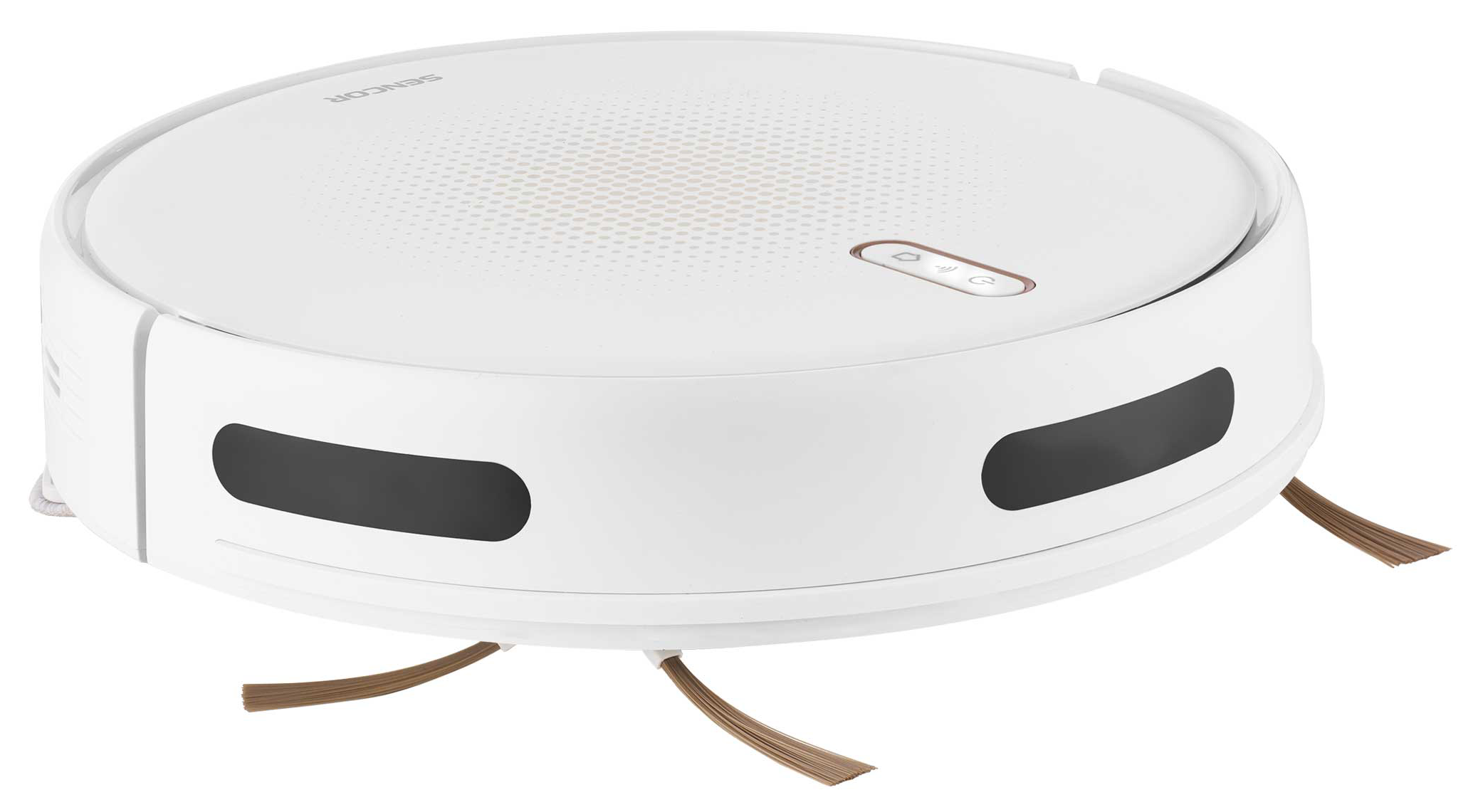 Fehér robotporszívó barna kefékkel és fekete ablakokkal.