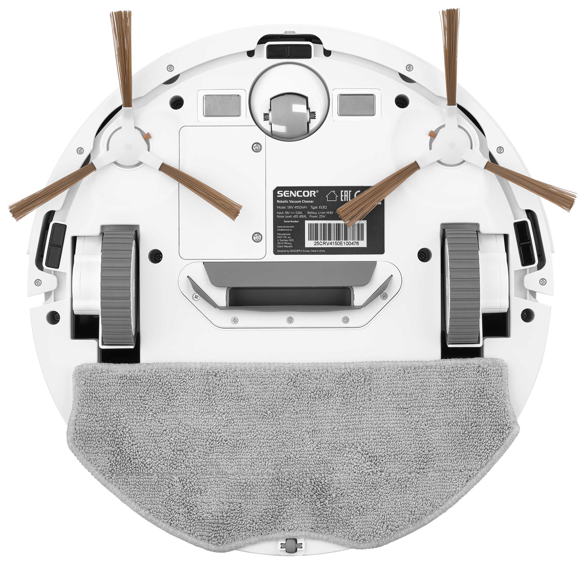 Fehér robotporszívó alja kefékkel, kerekekkel és szürke felmosóval.