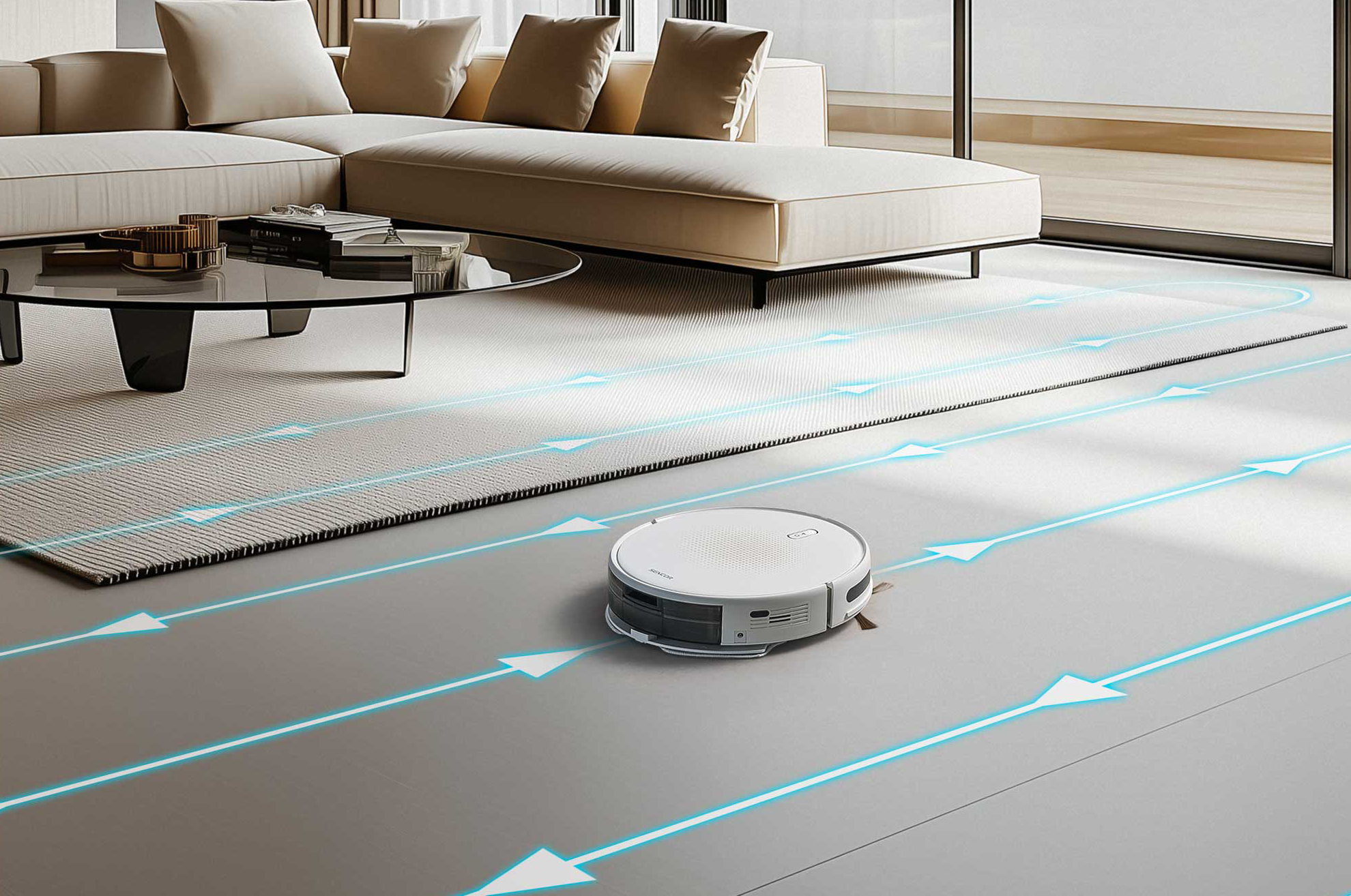 Egy fehér robotporszívó modern nappali padlóját tisztítja kék navigációs nyilakkal.