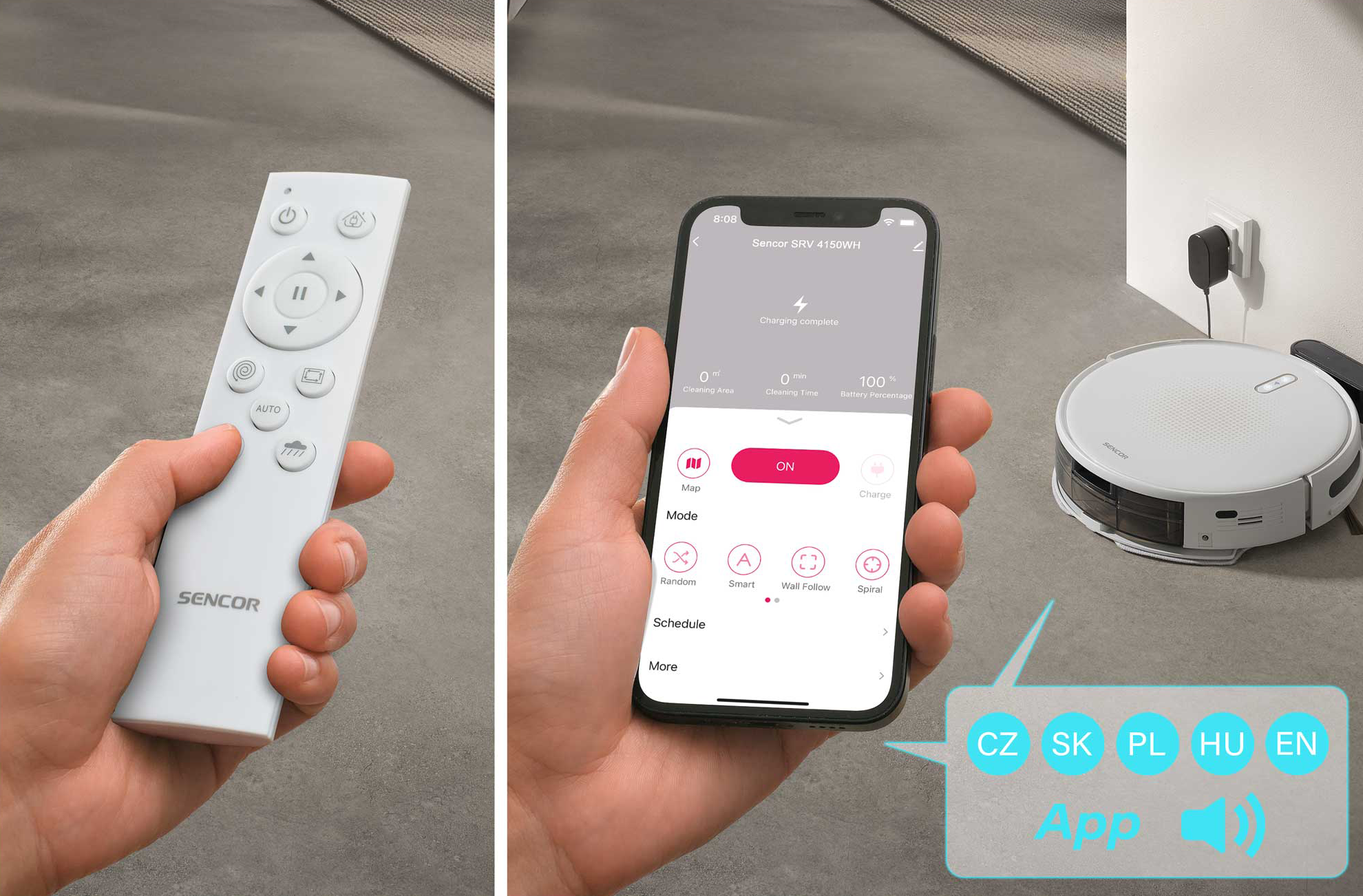 Kéz Sencor távirányítót tart, mellette telefon appal és töltődő robotporszívó.