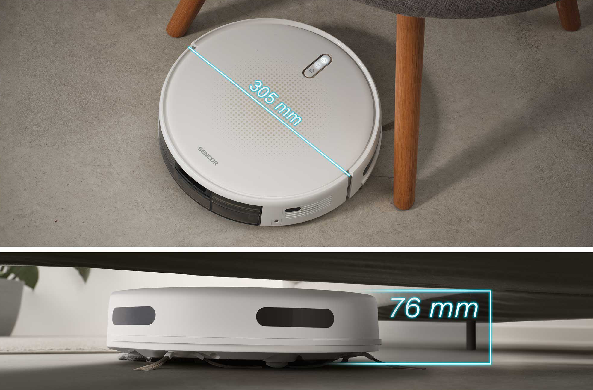 Egy fehér robotporszívó 305 mm és 76 mm magasságot mutatva.