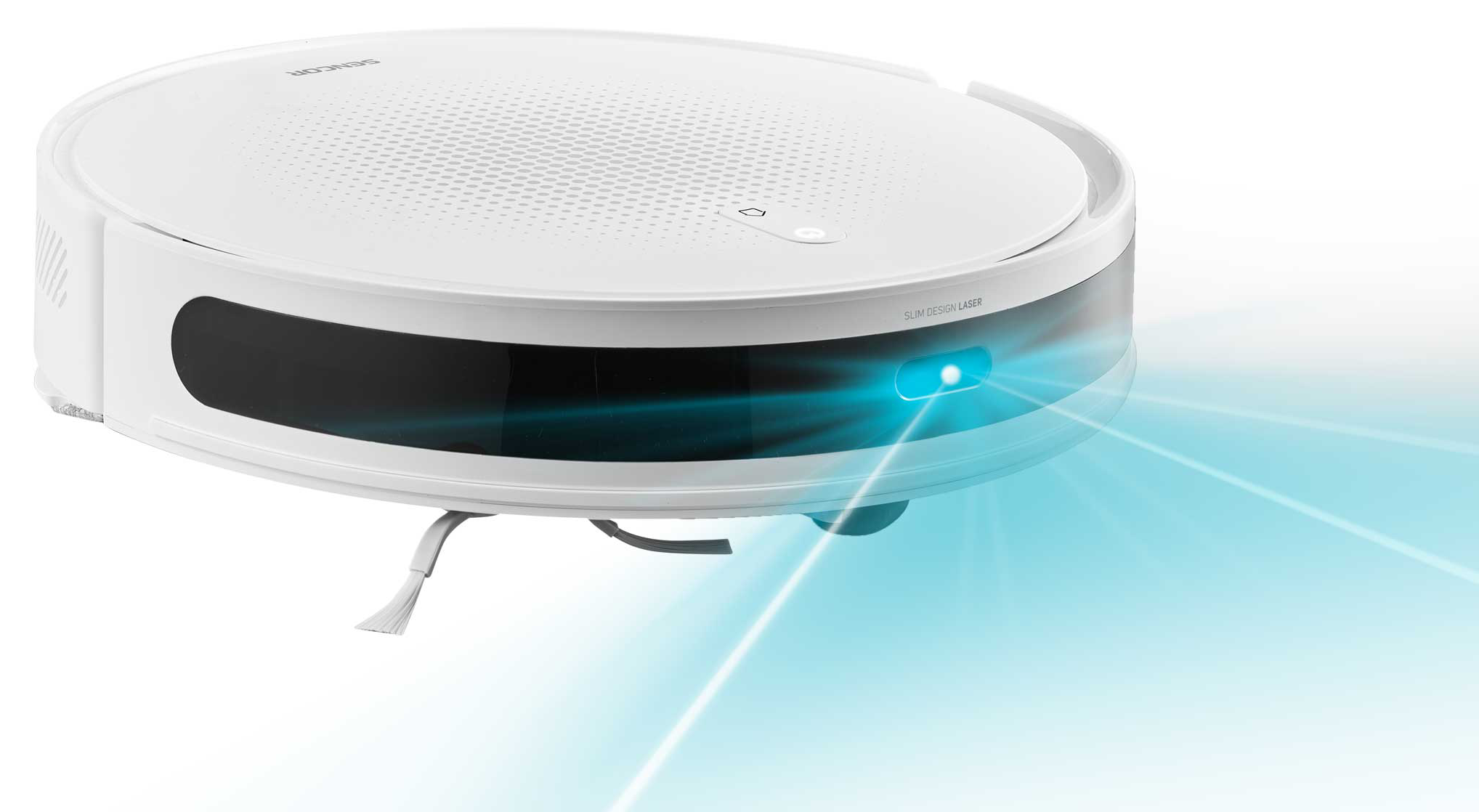 Egy fehér robotporszívó kék lézersugarakkal, amelyek előre vetülnek.