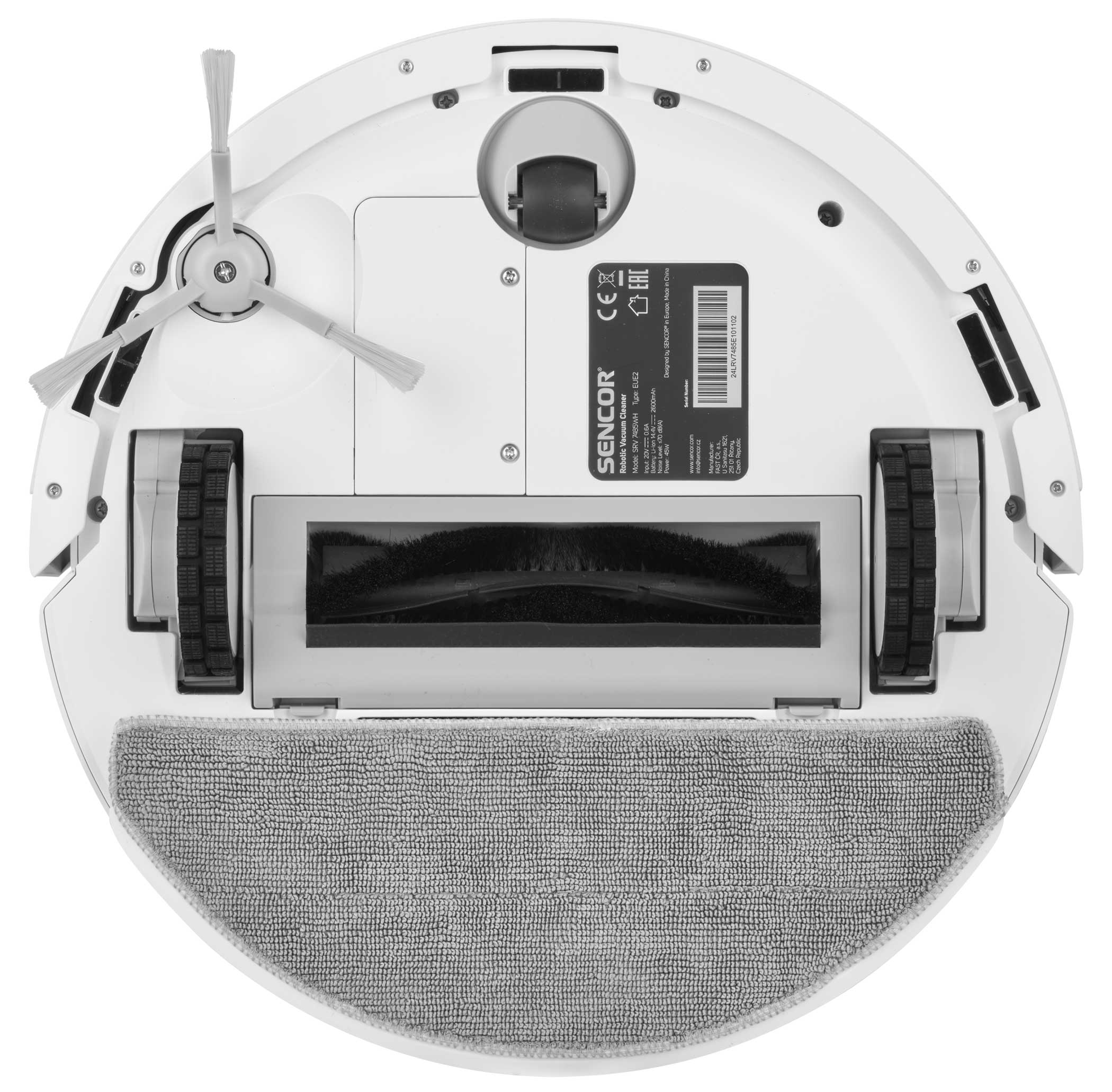 Fehér robotporszívó alsó része kefékkel, kerekekkel és szürke mop betéttel.