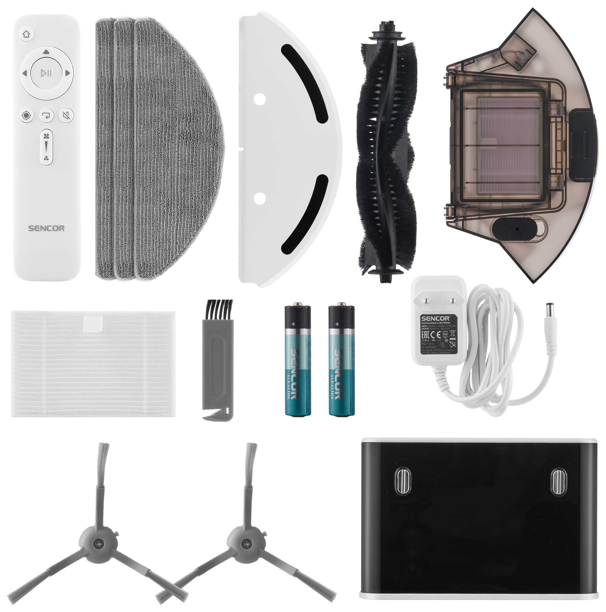 Robotporszívó tartozékok: távirányító, törlőkendők, kefék, szűrő, elemek, adapter.