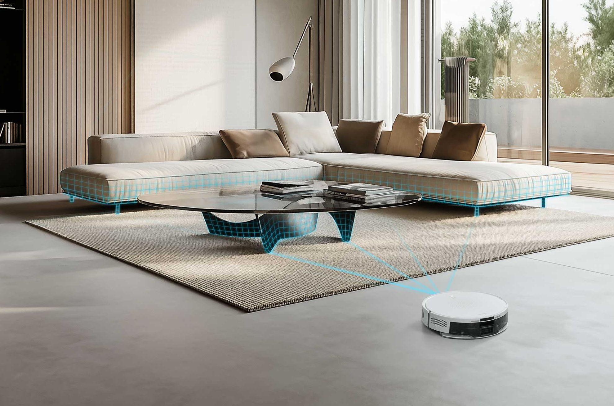 Egy fehér robotporszívó tisztít egy szőnyeget egy modern nappaliban.
