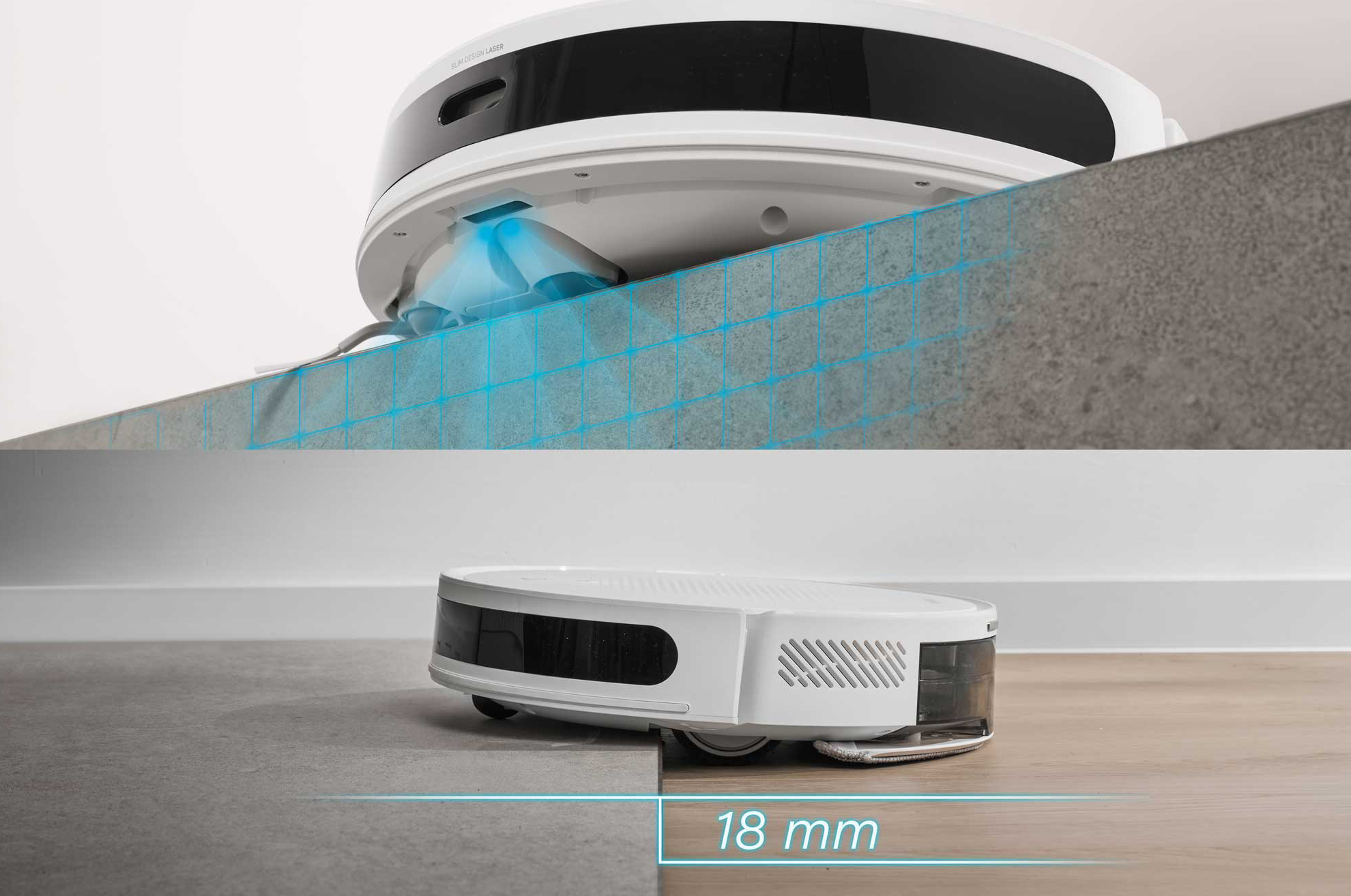 Egy robotporszívó 18 mm-es küszöböt leküzdve, kék lézersugarakkal érzékeli az akadályokat.