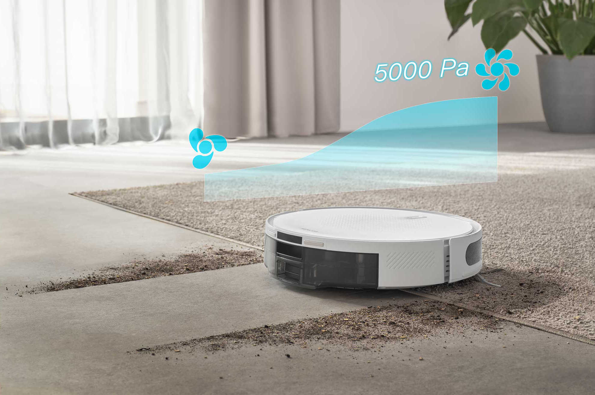 Egy fehér robotporszívó 5000 Pa szívóerővel tisztít egy piszkos padlót.