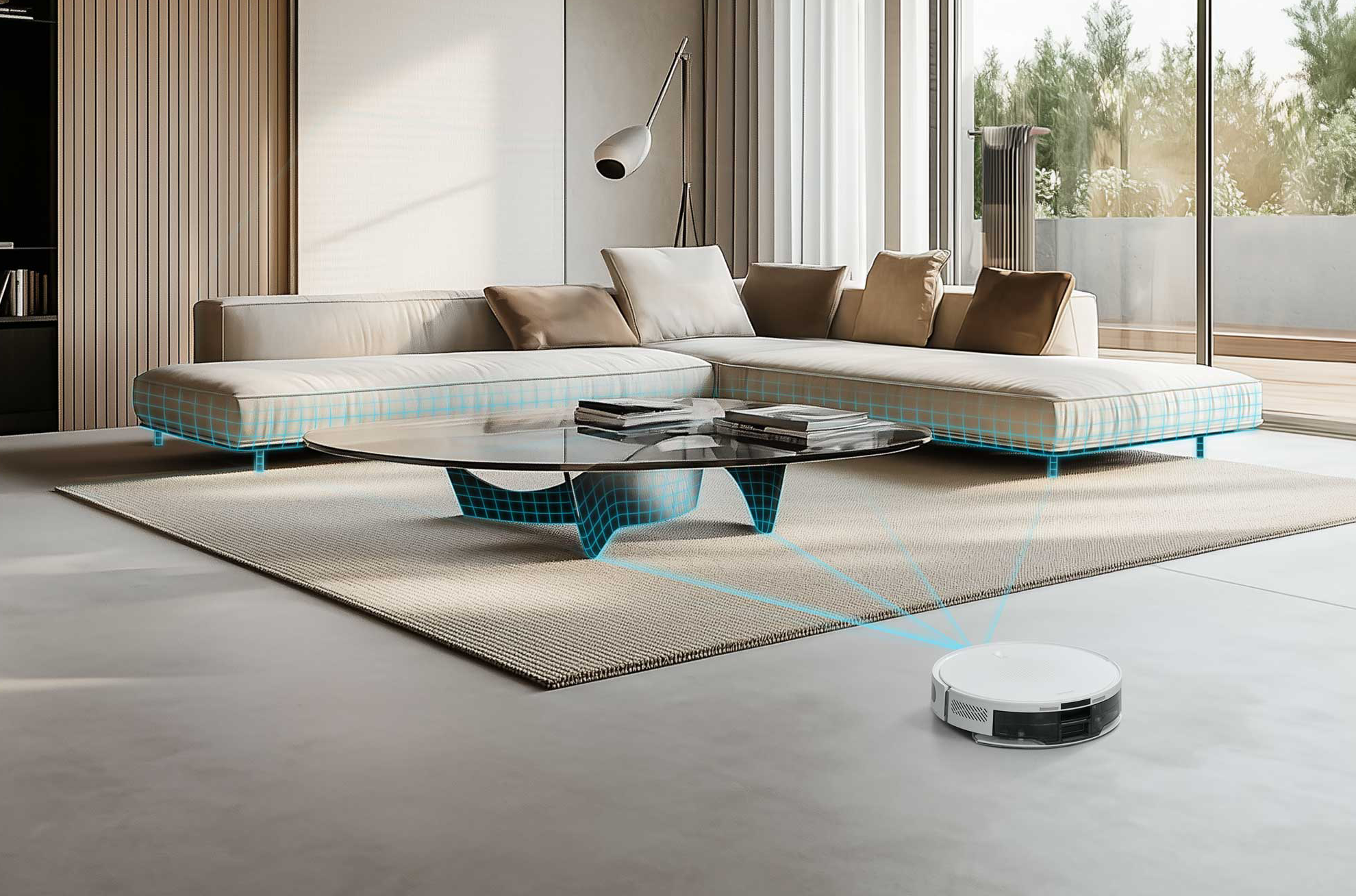 Egy fehér robotporszívó navigál egy modern nappaliban, kanapéval és dohányzóasztallal.