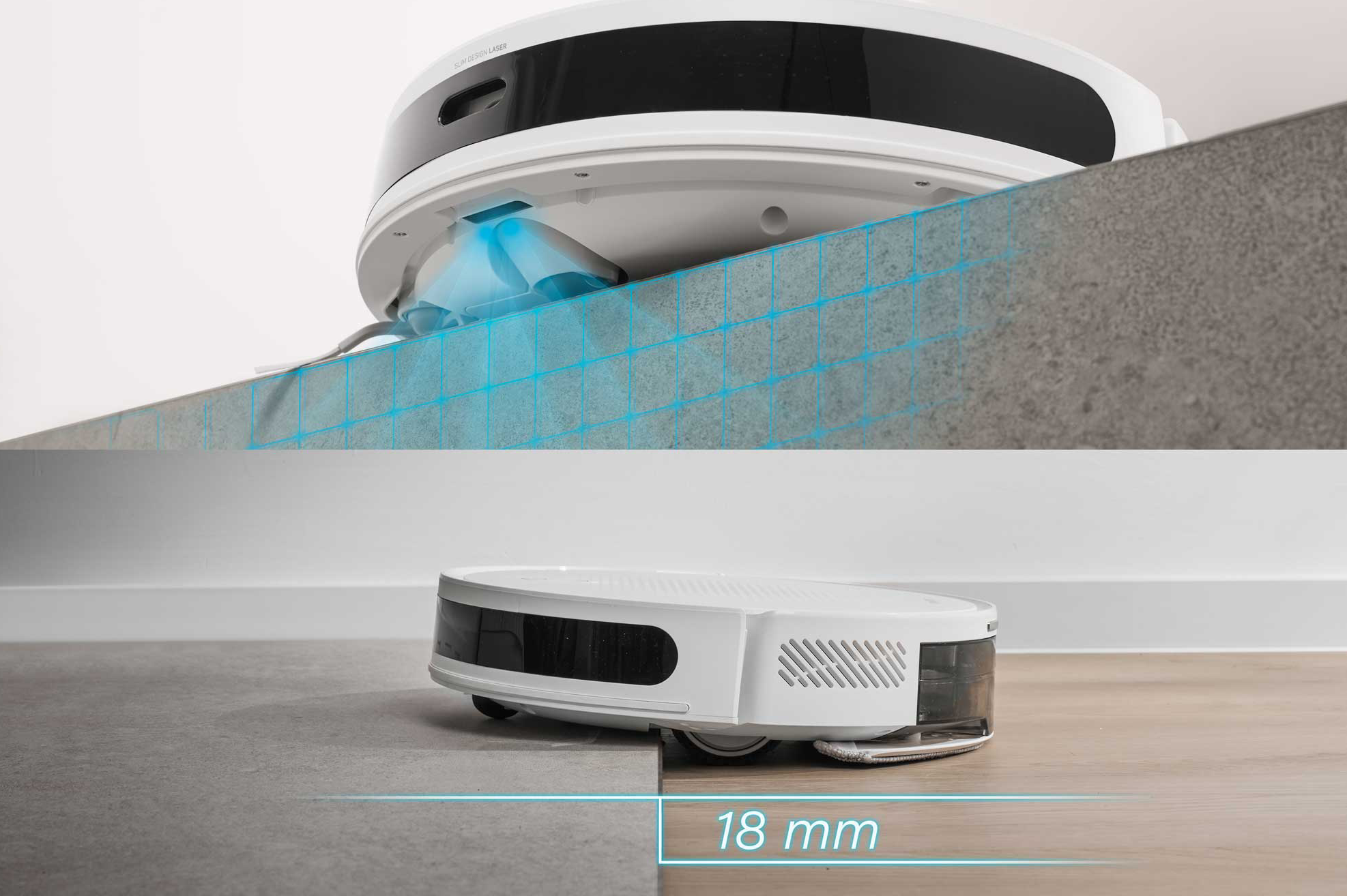 Egy fehér robotporszívó lézer navigációval 18 mm-es peremet mászik meg.