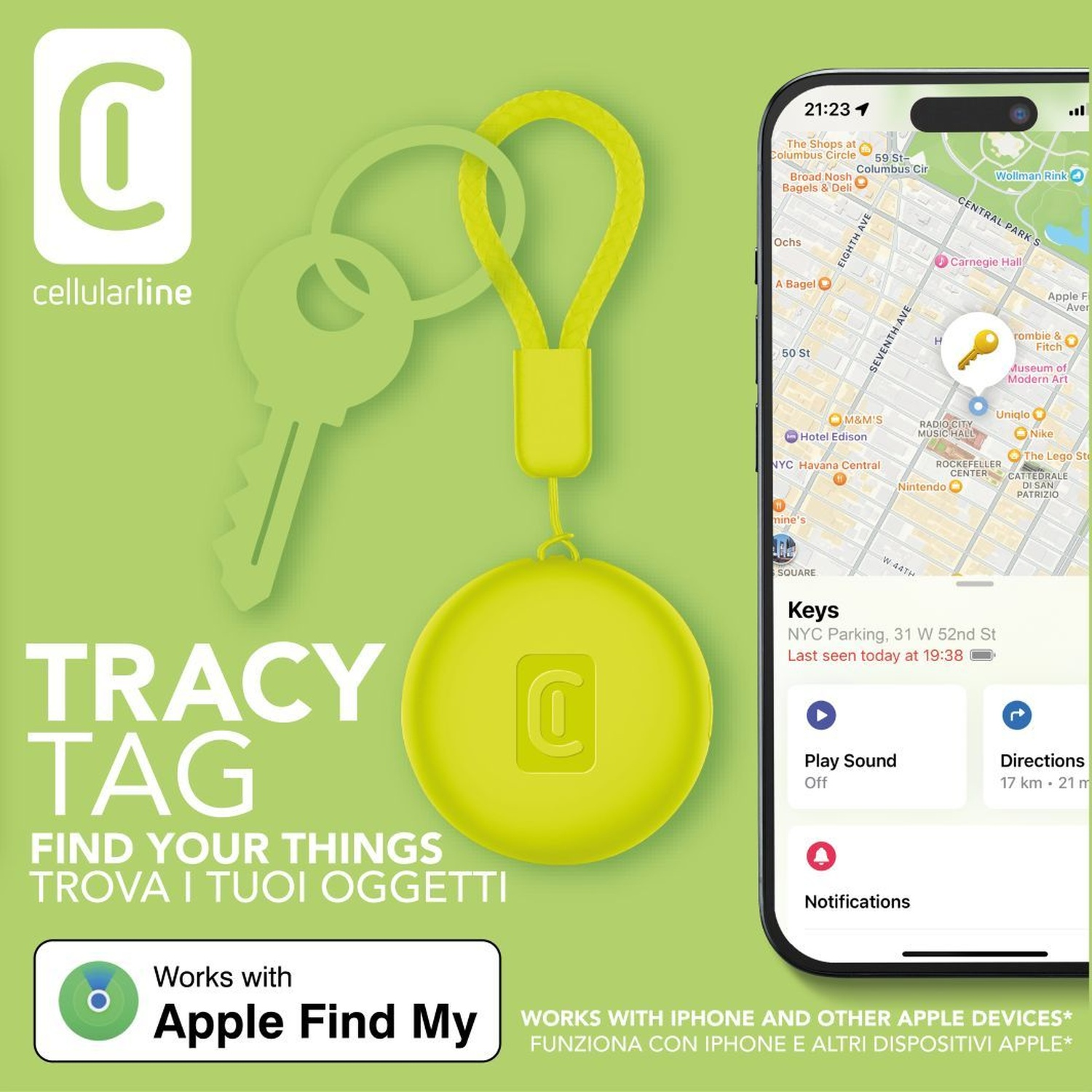 Un localizzatore giallo con una chiave e un telefono che mostra una mappa.