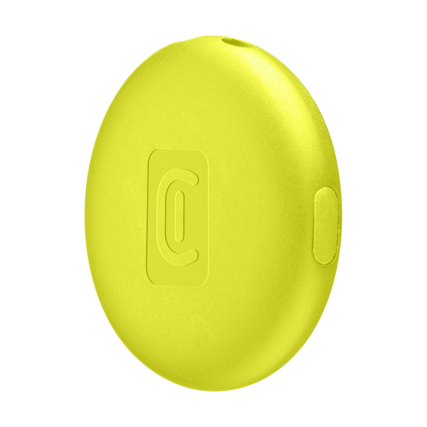 Un oggetto ovale giallo brillante con una tacca e un logo.