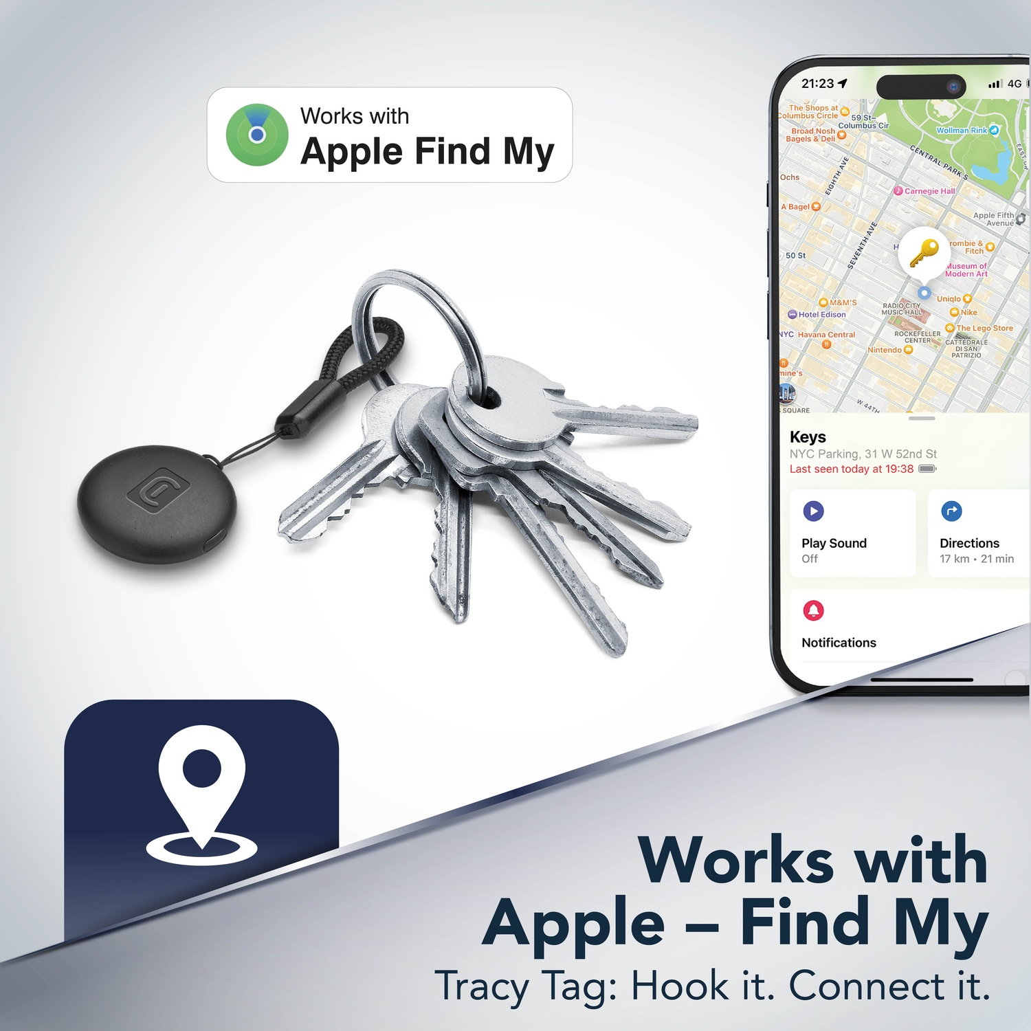 Un tag nero con chiavi accanto. Un iPhone mostra una posizione su una mappa.