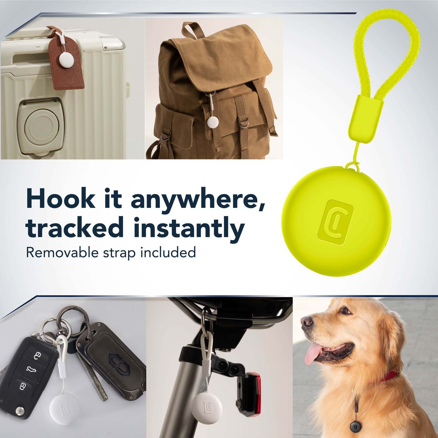 Un localizzatore verde brillante con anello, accanto a valigia, zaino, chiavi, bici e cane.