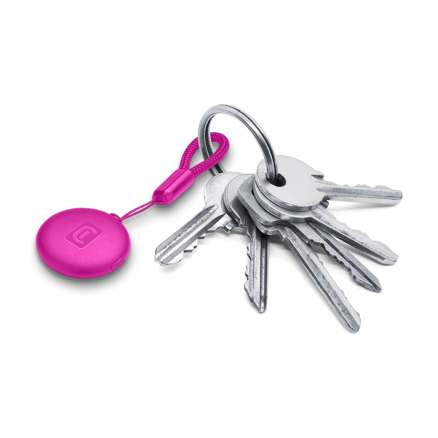 Un portachiavi con un ciondolo rotondo e rosa con un logo.