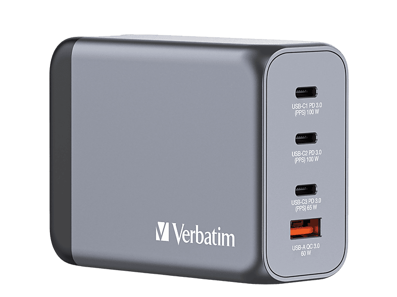 VERBATIM GNC-200 GAN Ladegerät, 4 Anschlüsse, USB-C, USB-A, 200 Watt, (EU/UK/US)