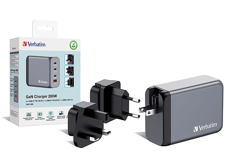 VERBATIM GNC-200 GAN Ladegerät, 4 Anschlüsse, USB-C, USB-A, 200 Watt, (EU/UK/US) — Foto 3 von 3