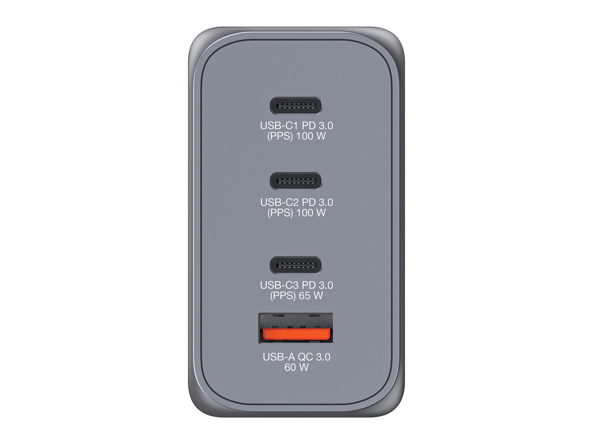 Graues Ladegerät mit 3 USB-C-Anschlüssen (100W, 100W, 65W) und 1 USB-A-Anschluss (60W).