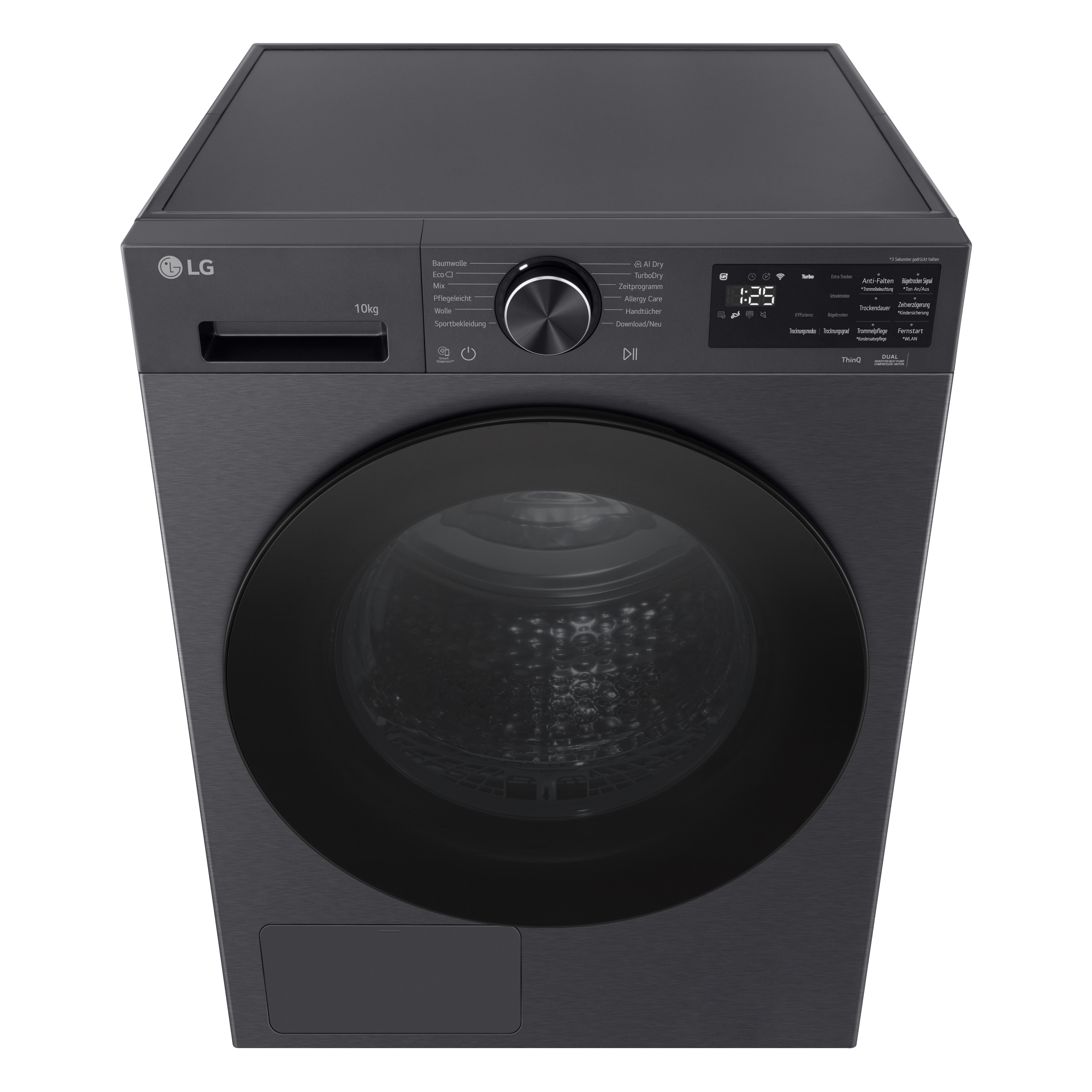 Dunkelgraue LG Waschmaschine mit Bedienfeld und runder Tür.