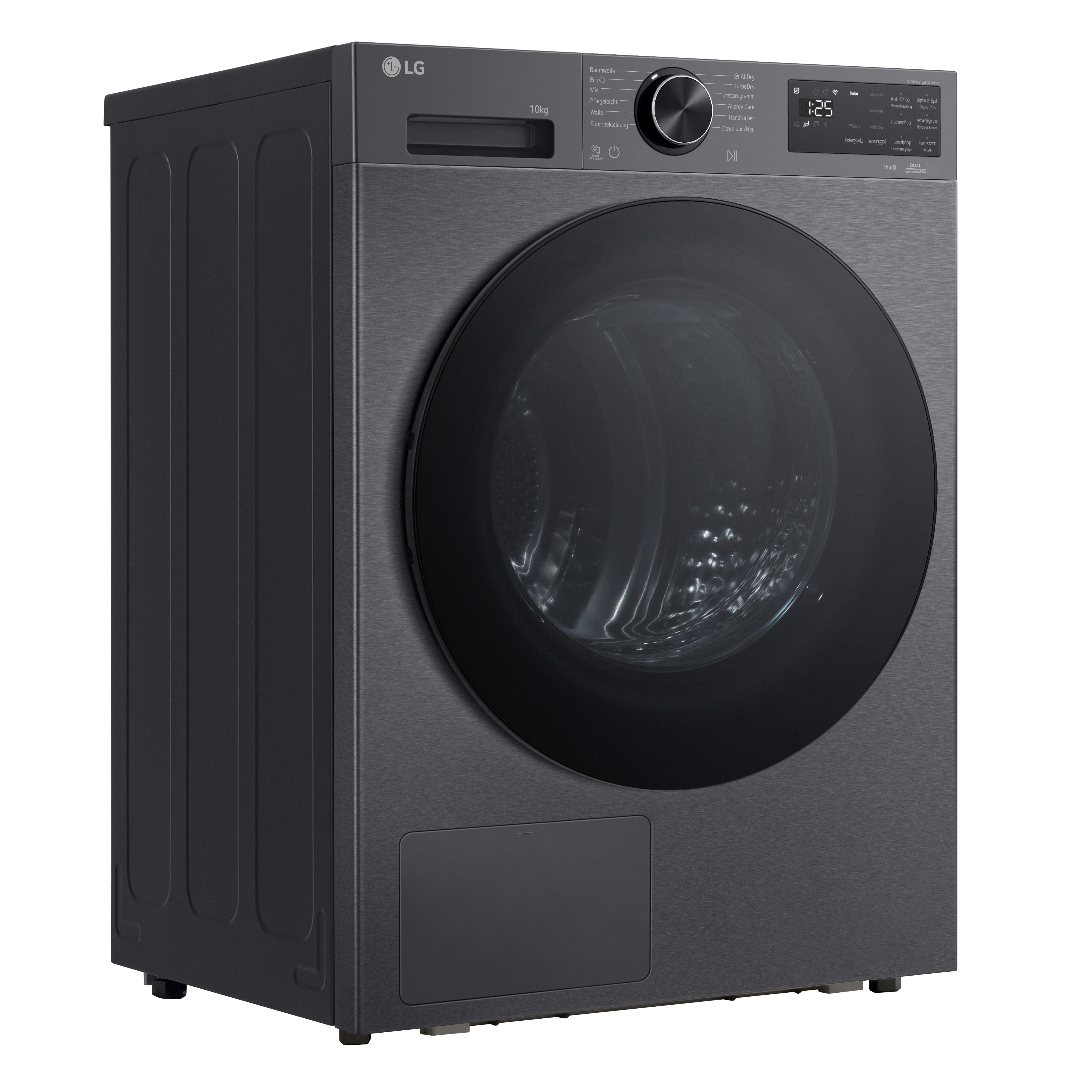 Eine graue LG Waschmaschine mit schwarzer runder Tür und Bedienfeld.
