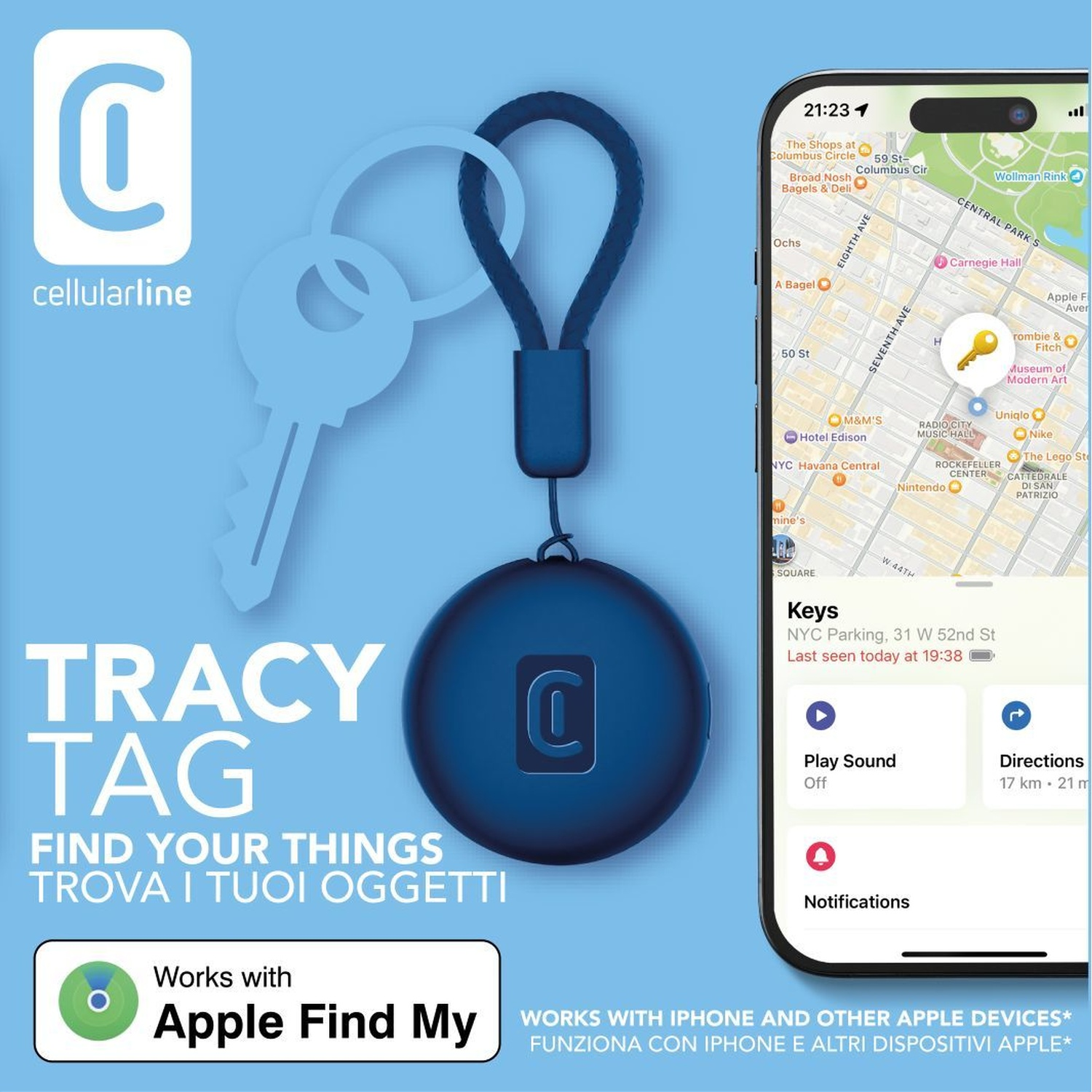 Un tag per chiavi blu Cellularline accanto a una chiave, con l'app che mostra la posizione su una mappa.