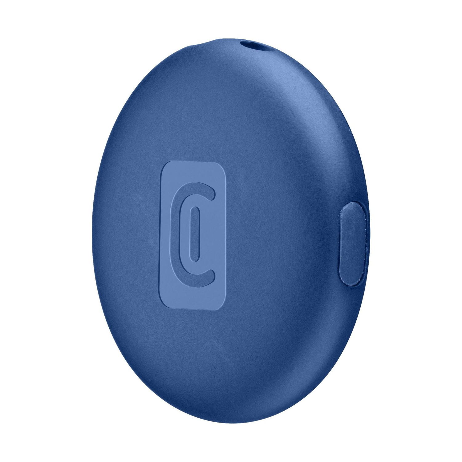 Un oggetto ovale blu con un simbolo in rilievo e un foro.