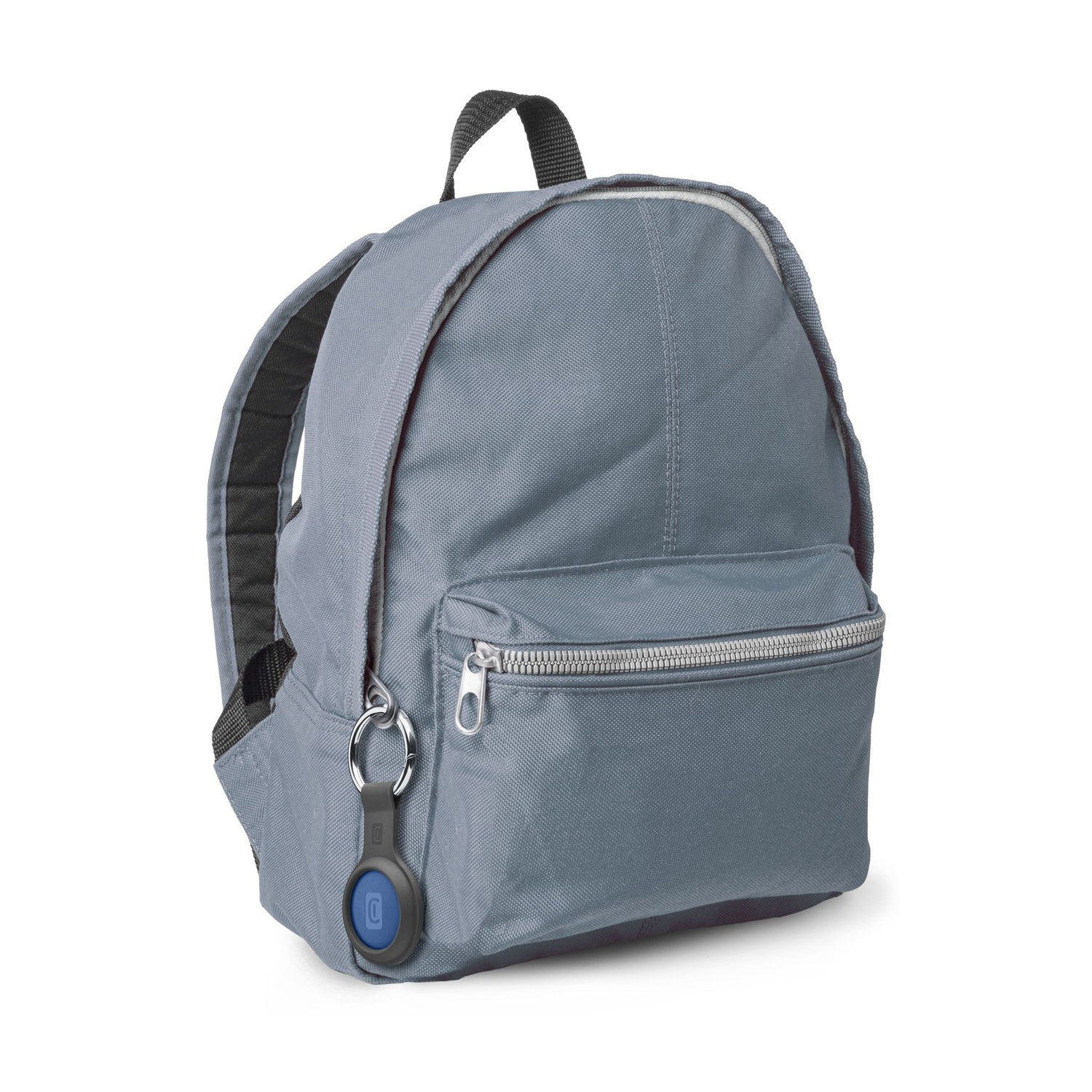 Zaino grigio con cerniera e etichetta blu.