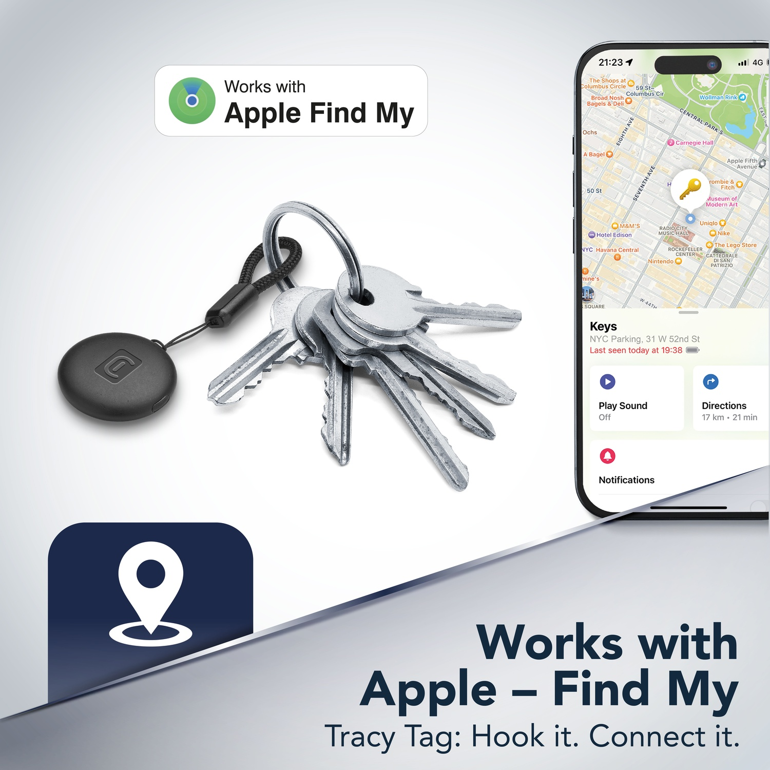 Un tag di localizzazione nero con chiavi, accanto a un telefono che mostra l'app DovE di Apple.