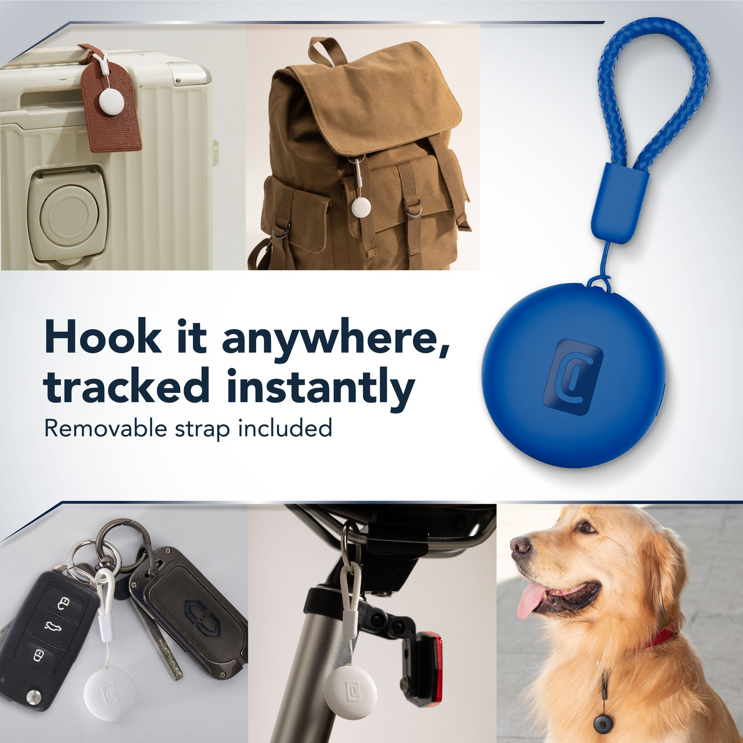 Tracker bianco su bagaglio, zaino, chiavi, bici e collare per cani. Tracker blu con cinturino.