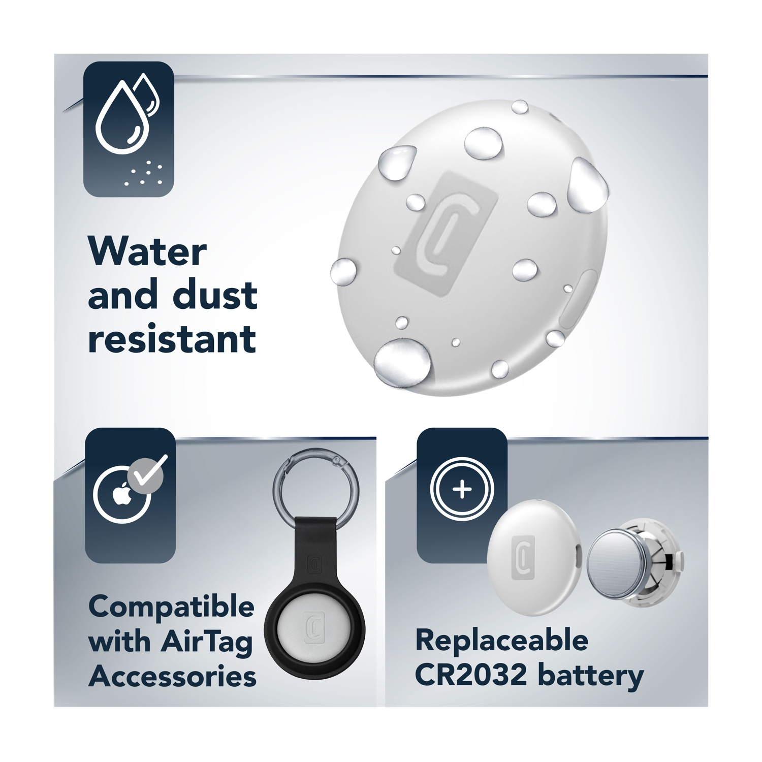 Accessorio AirTag resistente all'acqua e alla polvere, con batteria sostituibile.