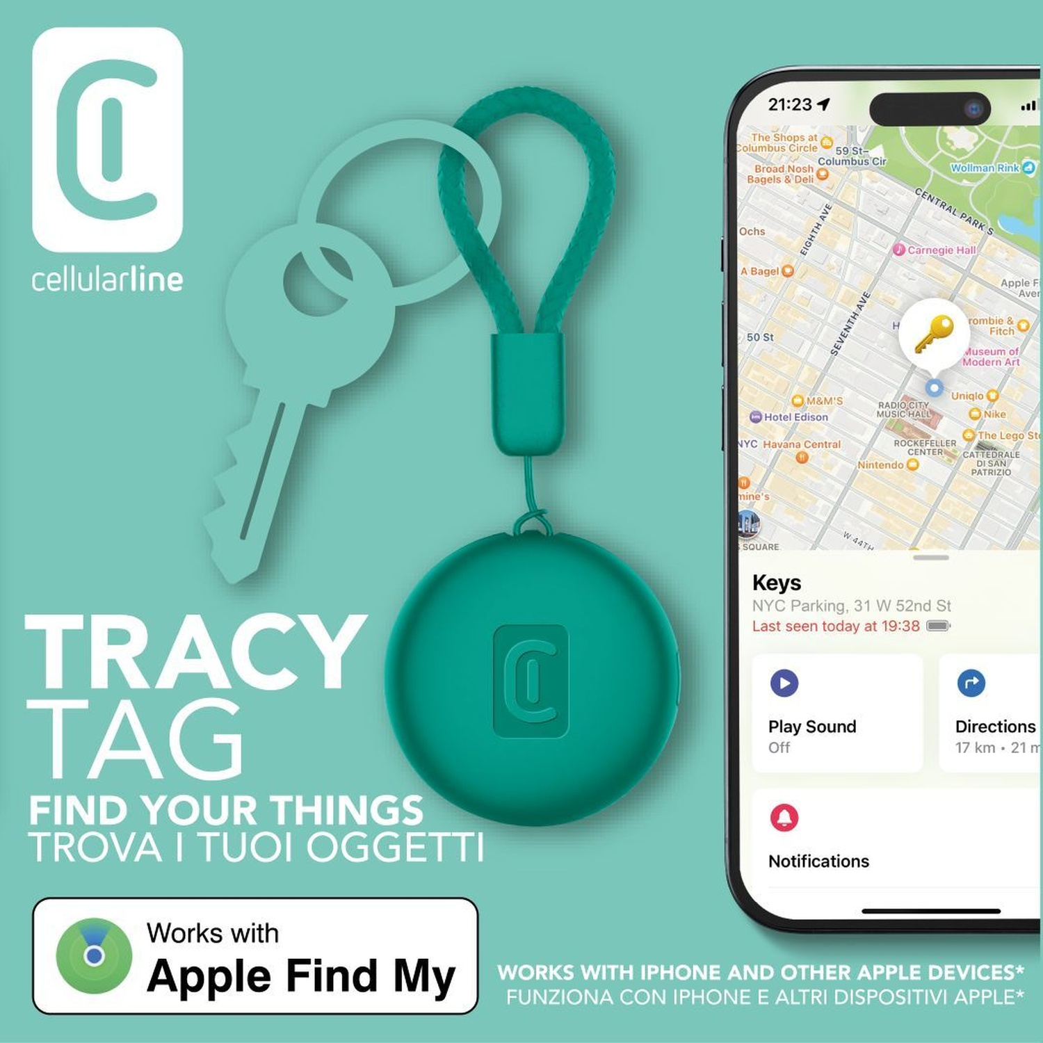 Un portachiavi marchiato Cellularline e un'app per cellulare che mostra una posizione.