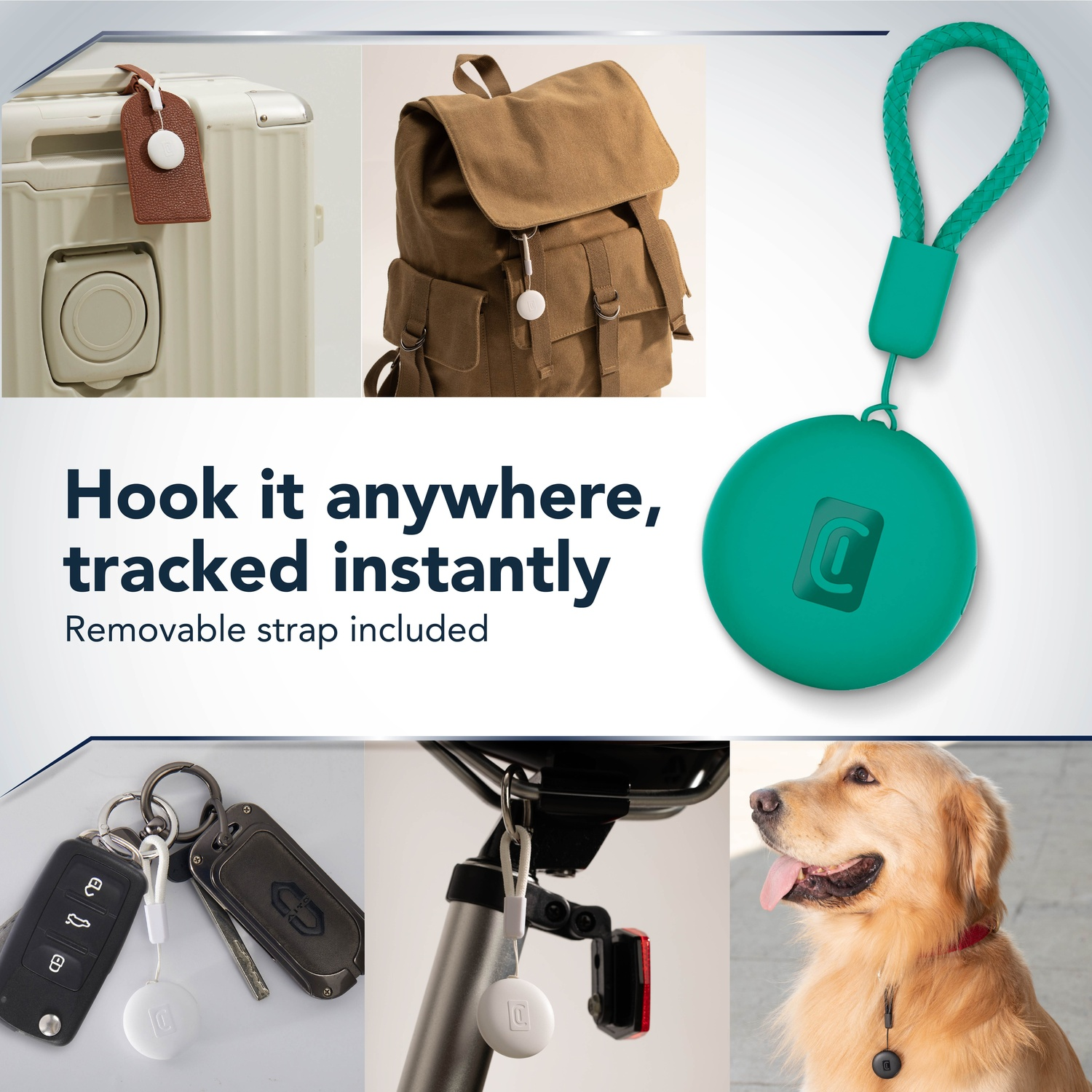 Un portachiavi, zaino, chiavi, bici e cane con tracker attaccati.