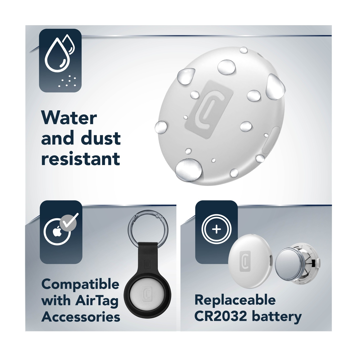 Accessorio AirTag resistente all'acqua e alla polvere con batteria sostituibile.