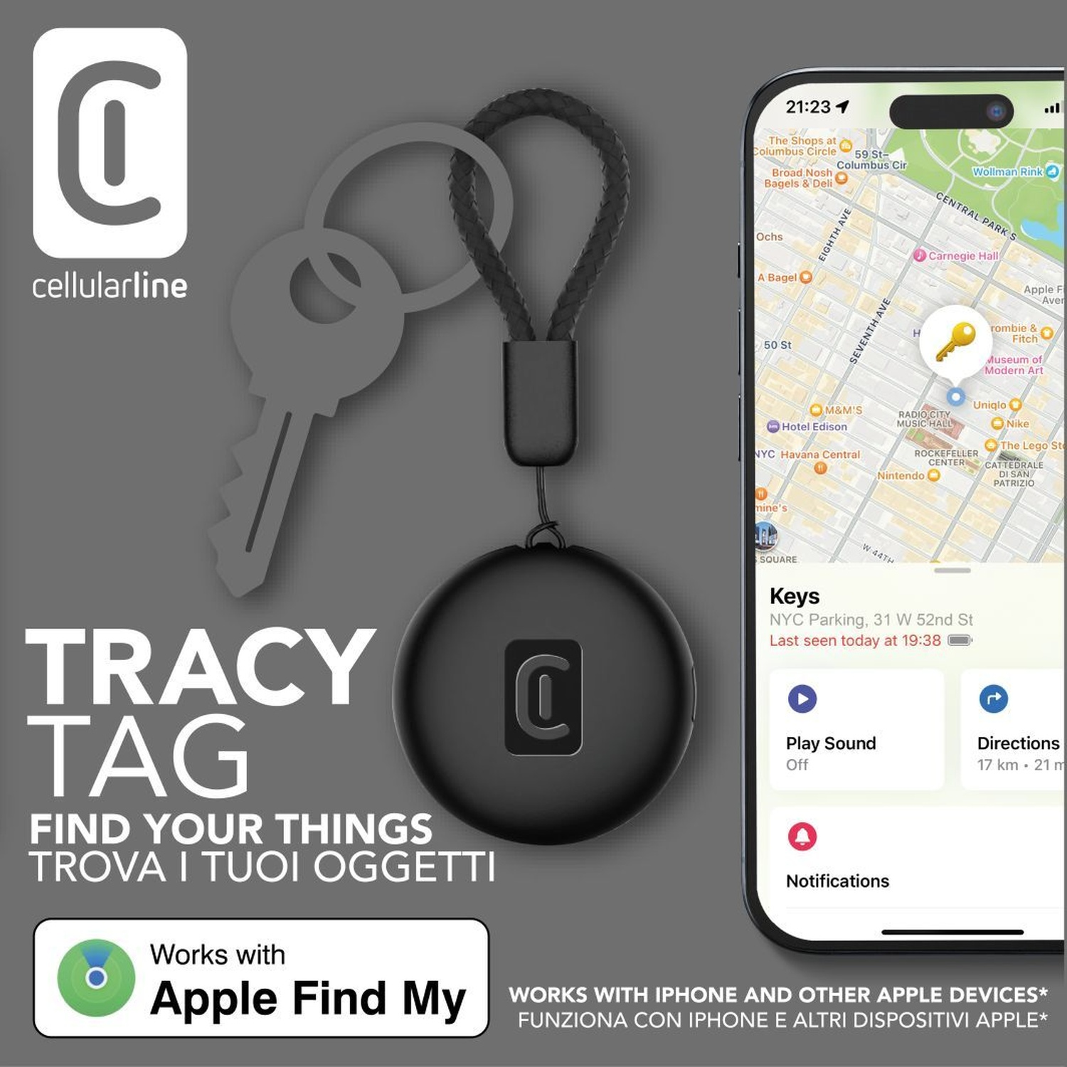 Un tag e chiave neri Cellularline Tracy su una mappa di New York.