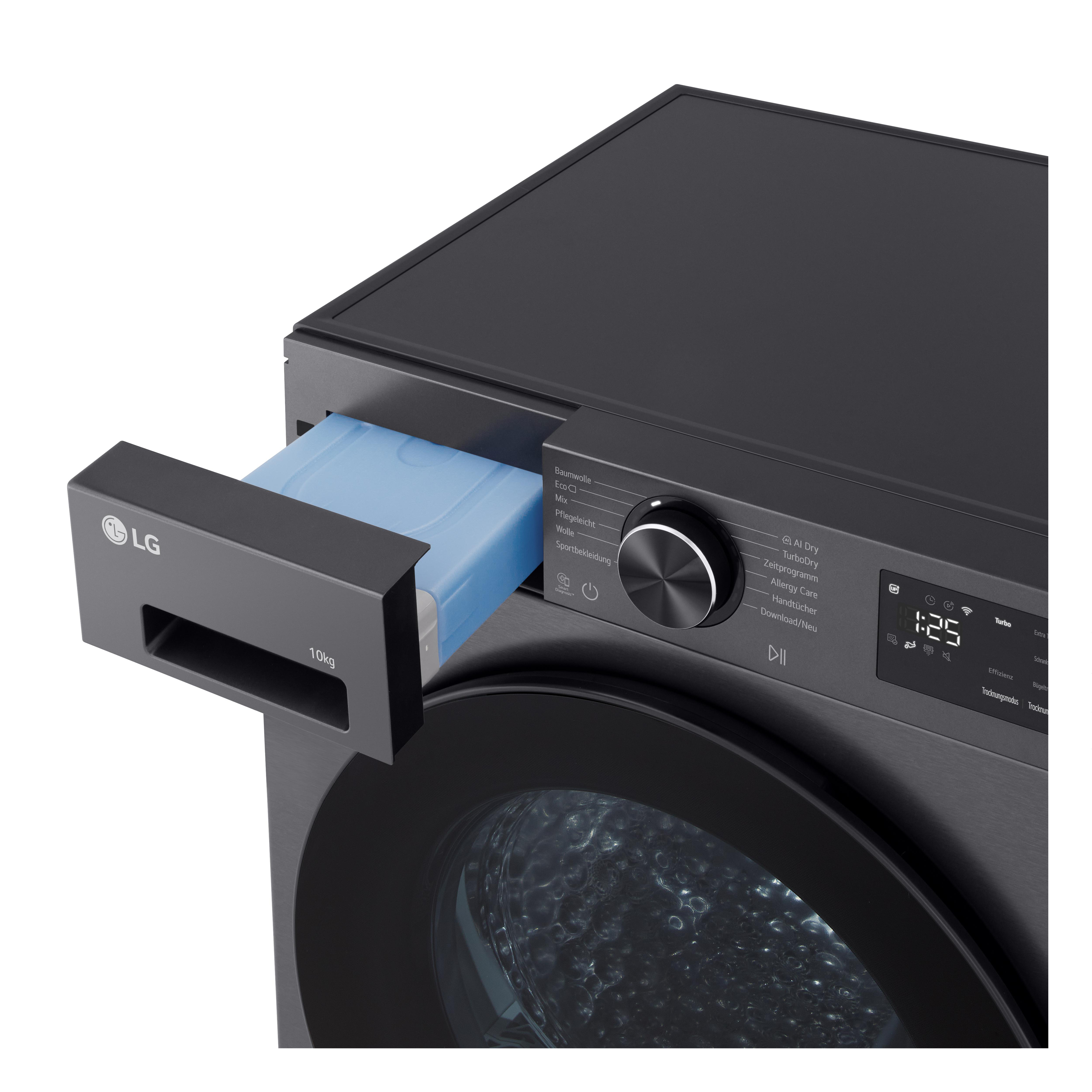 Dunkelgraue LG Waschmaschine mit herausgezogener Schublade für Waschmittel.