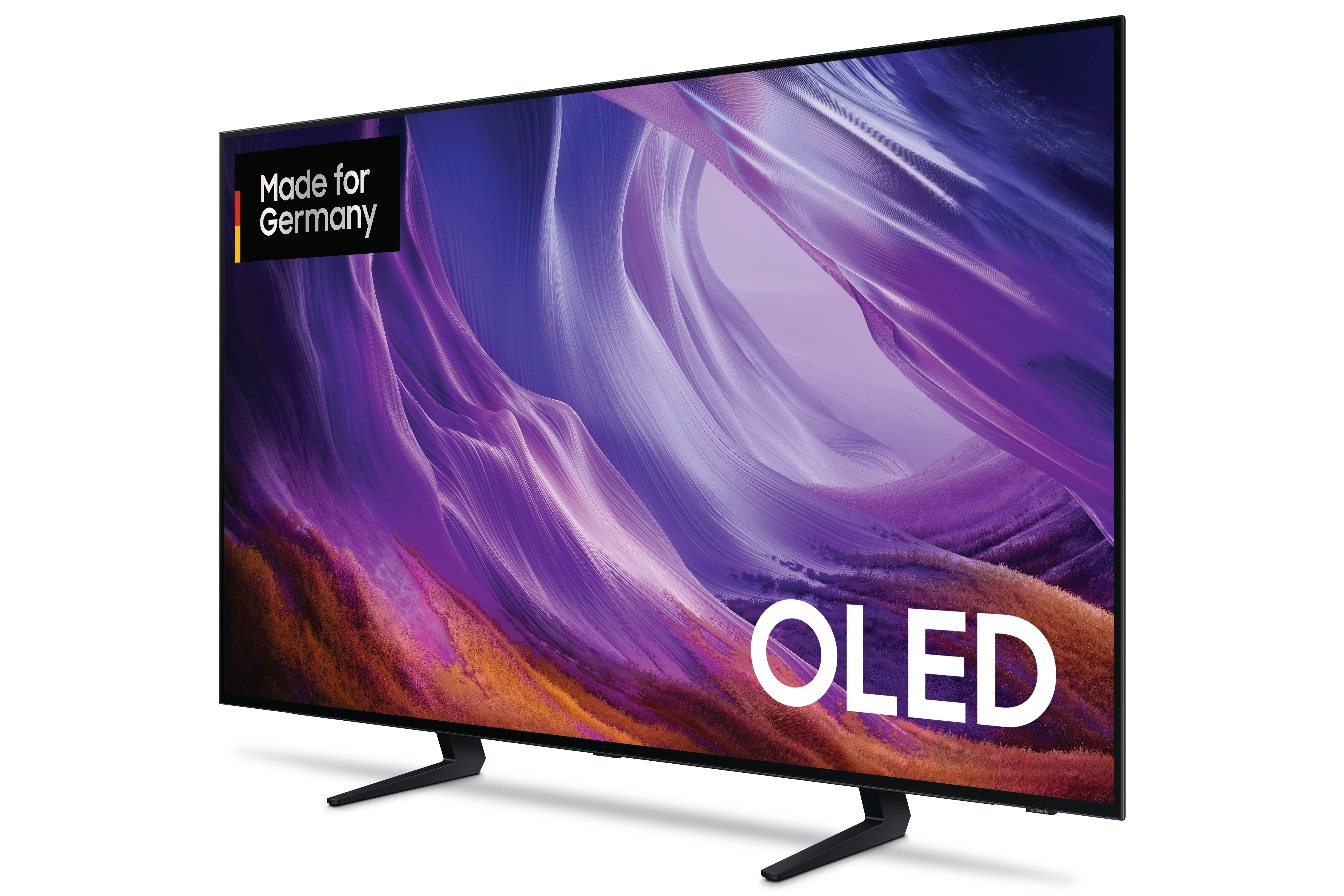 Ein moderner OLED-Fernseher mit einem abstrakten lila Muster und "Made for Germany"-Logo.