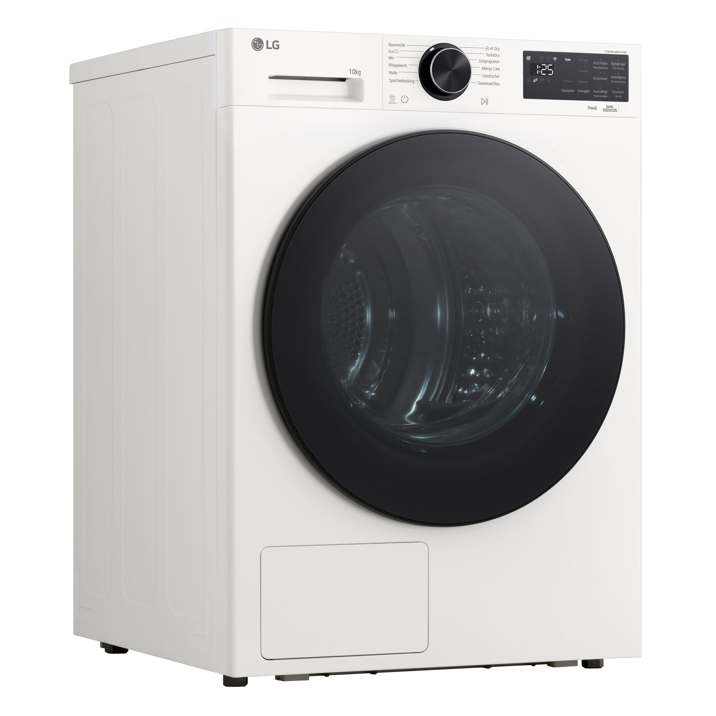 Eine weiße LG Waschmaschine mit schwarzer Tür und Bedienfeld. 10kg Fassungsvermögen.