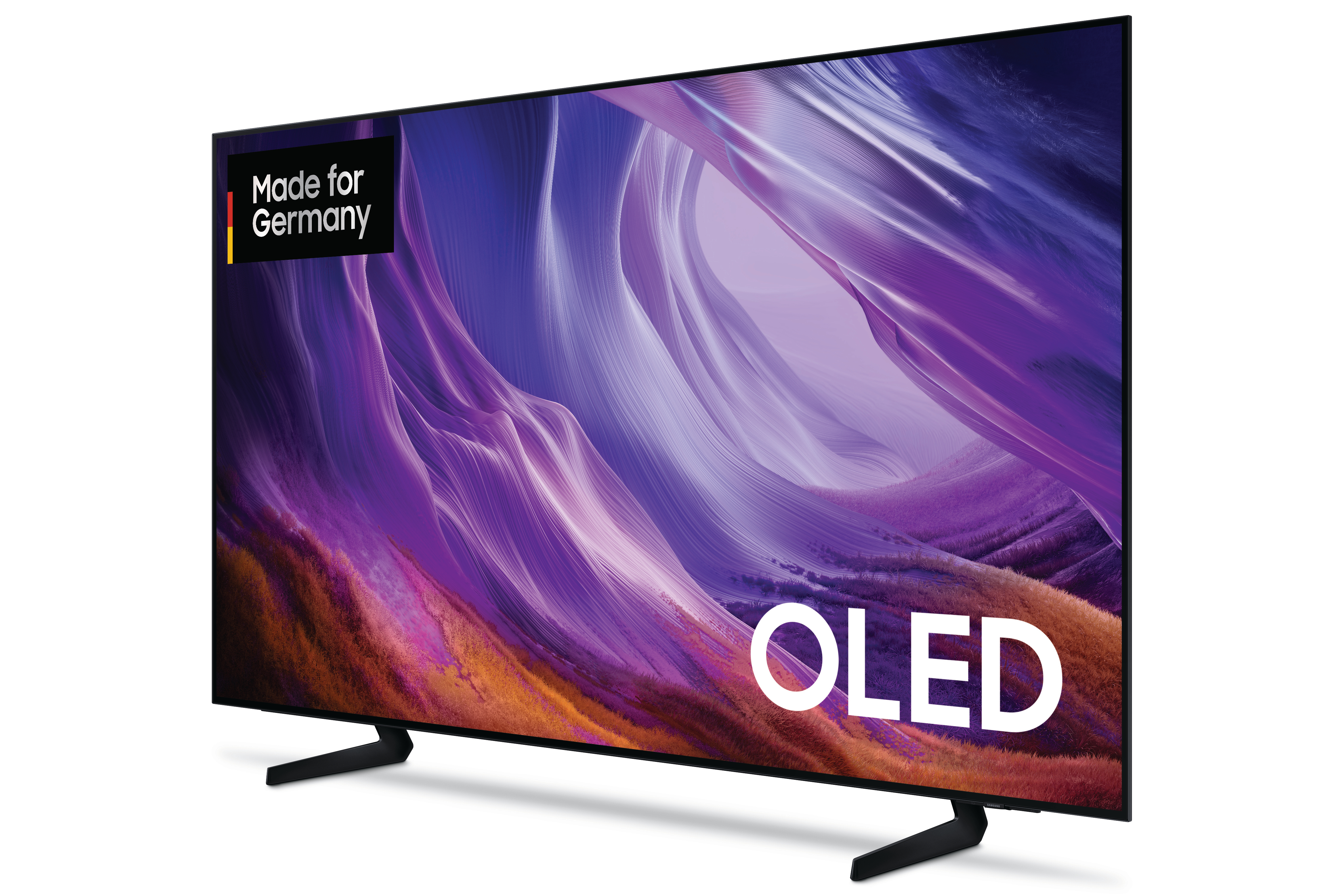 Ein moderner OLED-Fernseher mit einem abstrakten Bildschirmschoner und einem 