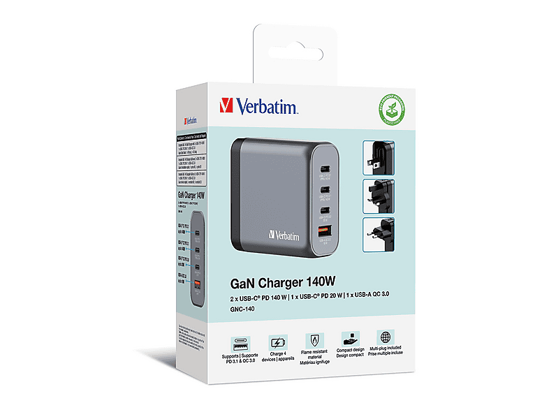 VERBATIM GNC-140 GAN Ladegerät, 4 Anschlüsse, USB-C, USB-A, 140 Watt, (EU/UK/US) — Foto 3 von 3