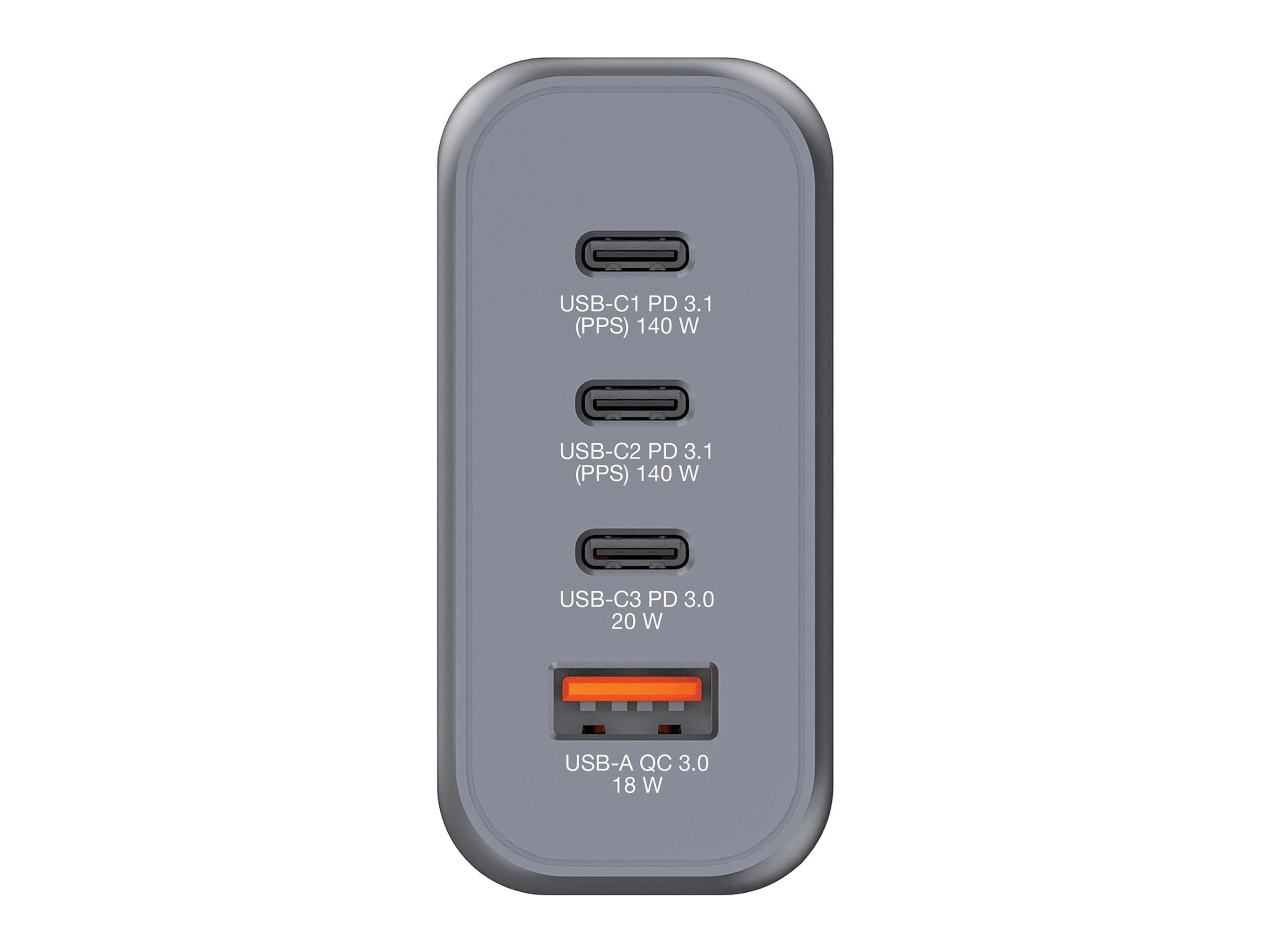 Grauer Ladeadapter mit vier Anschlüssen: 2x USB-C 140W, 1x USB-C 20W, 1x USB-A 18W.