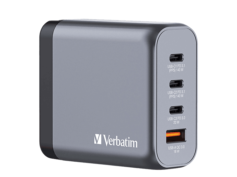 VERBATIM GNC-140 GAN Ladegerät, 4 Anschlüsse, USB-C, USB-A, 140 Watt, (EU/UK/US)