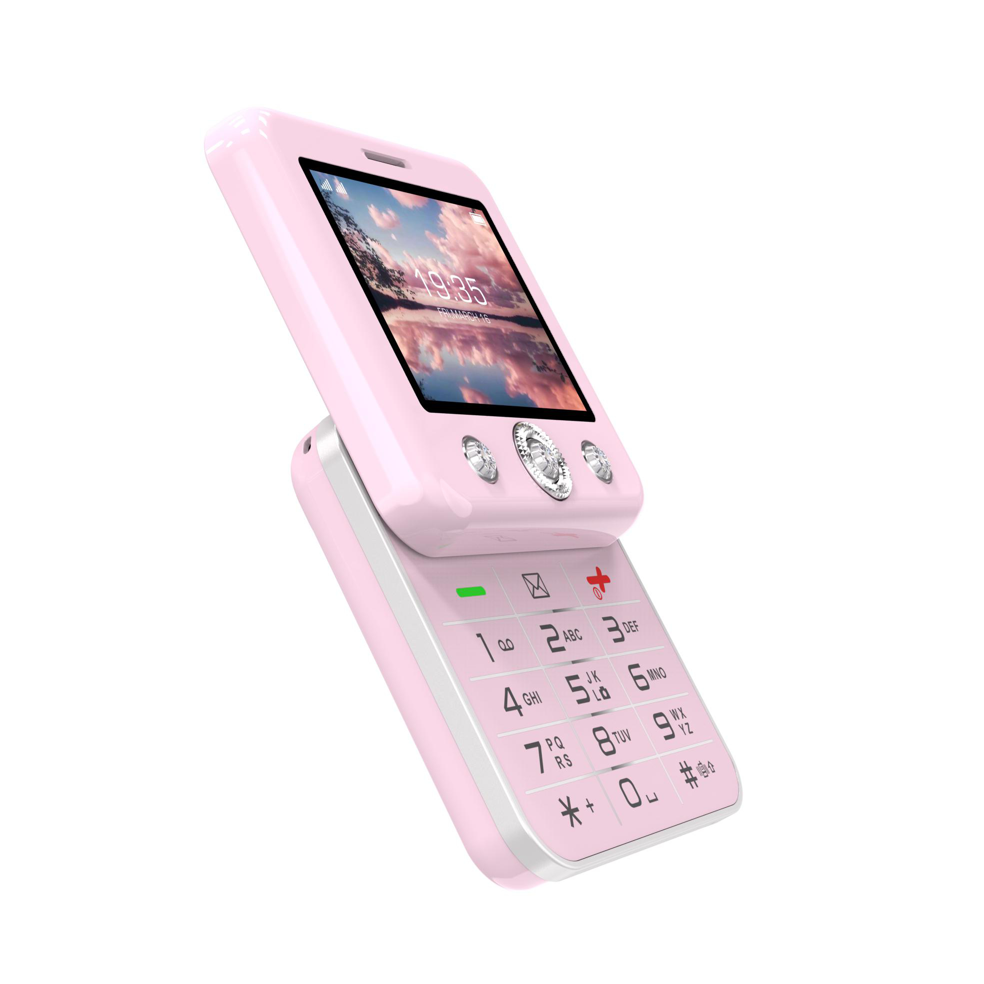 Ein rosa Klapphandy mit Tasten und einem Display, das eine Landschaft zeigt.