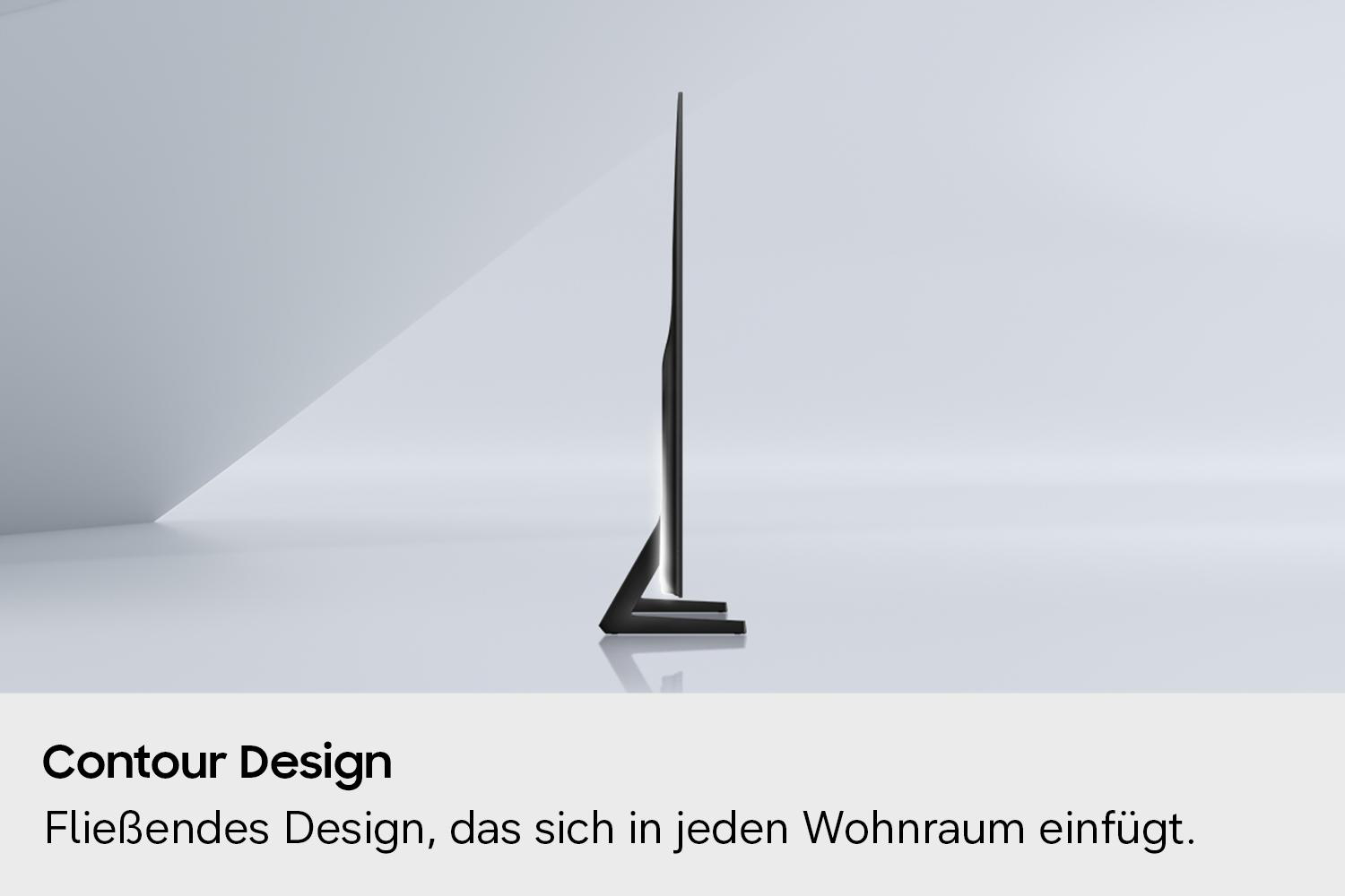 Schlankes Fernsehgerät im Profil auf einem grauen Hintergrund mit Text.