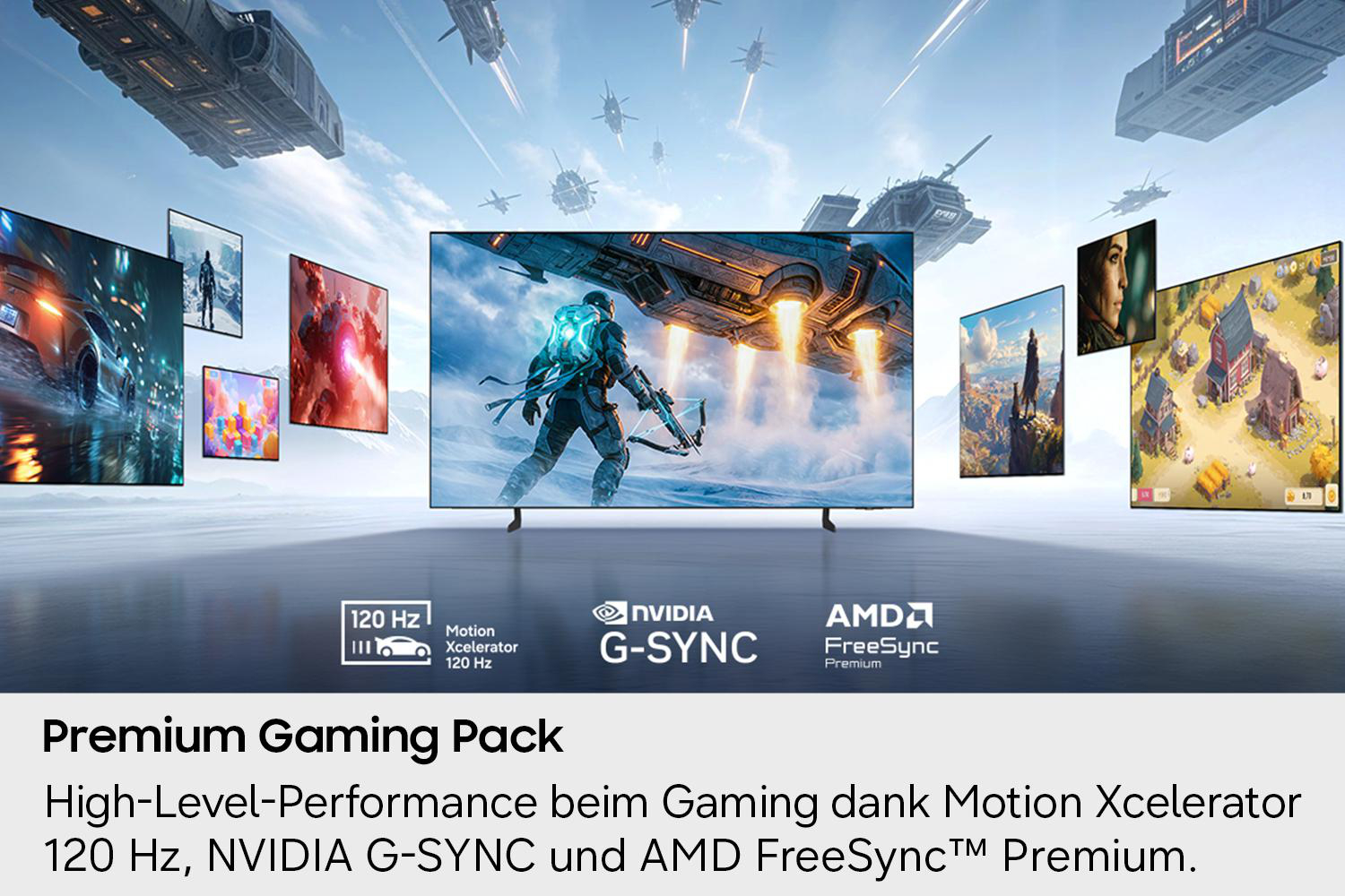 Große Fernseher zeigen Spiele mit Raumschiffen, Autos und Landschaften. 120 Hz, G-SYNC, FreeSync.