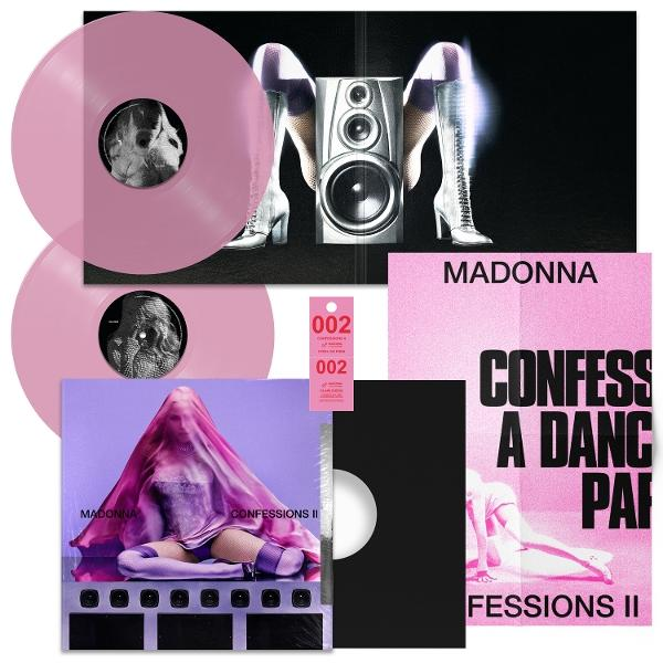 Rosa Vinyl-Schallplatten, Lautsprecher und Albumcover für Madonna's Confessions II.