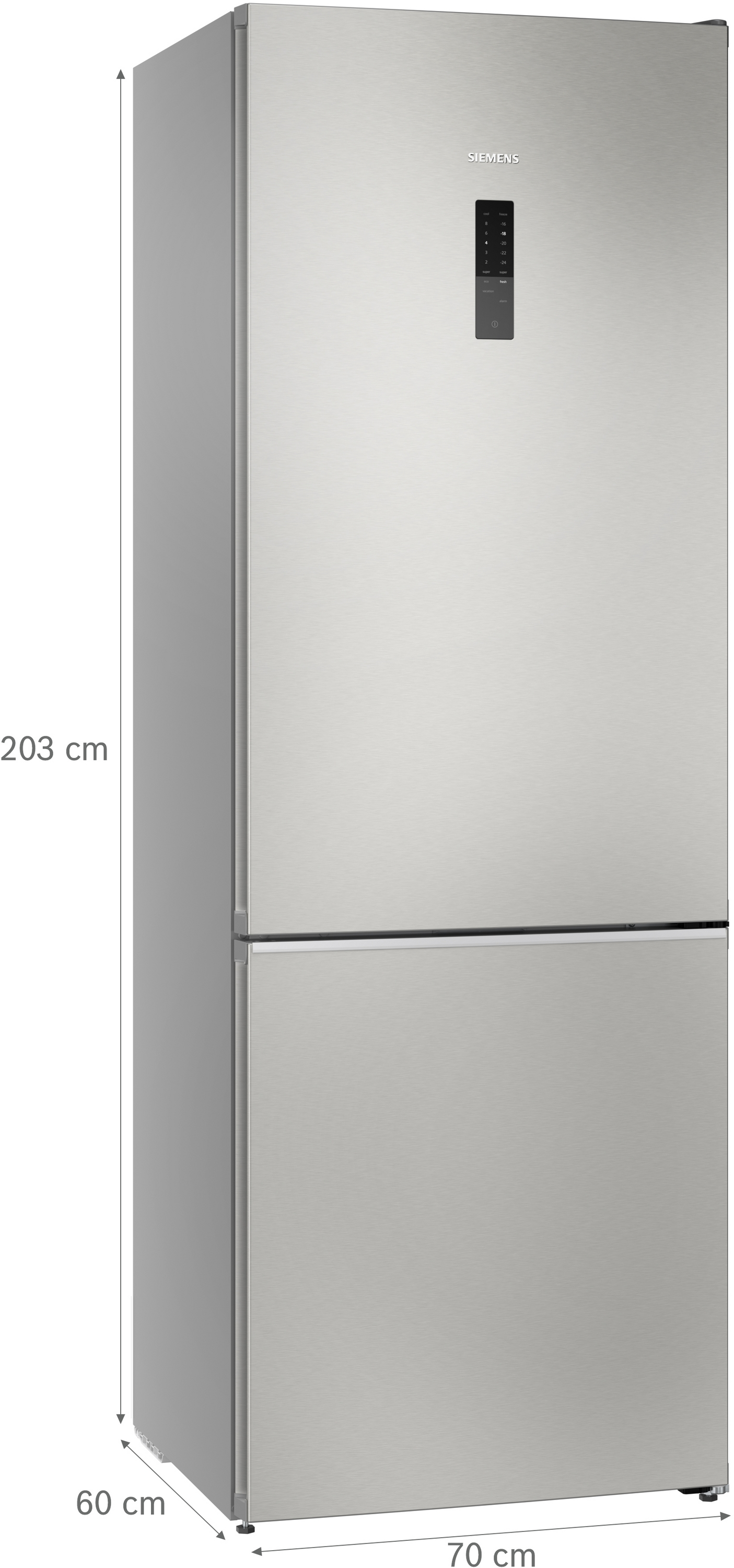 Ein freistehender Siemens-Kühlschrank aus Edelstahl mit Touch-Bedienfeld.