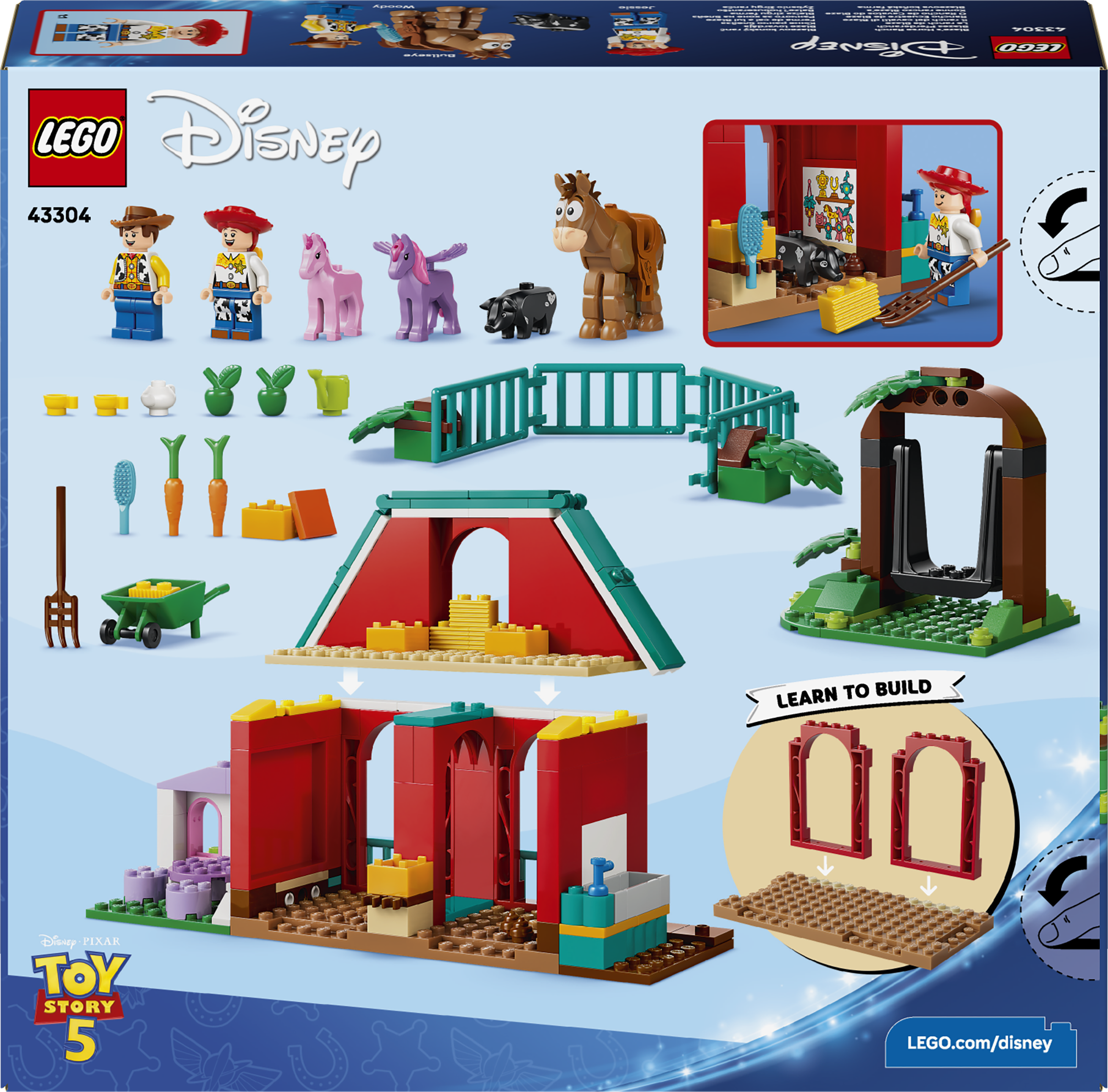 LEGO Woody, Jessie, Bullseye, Ferkel, rosa Pony, Pferch, Gebäude und Zubehör.